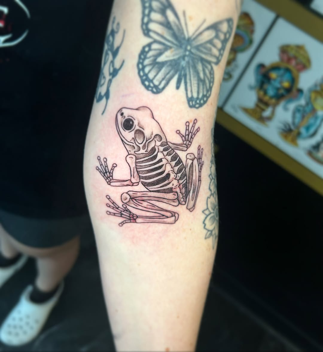 Frog skeleton realism tattoo on the forearm by 🕸🖤Kass🖤🕸