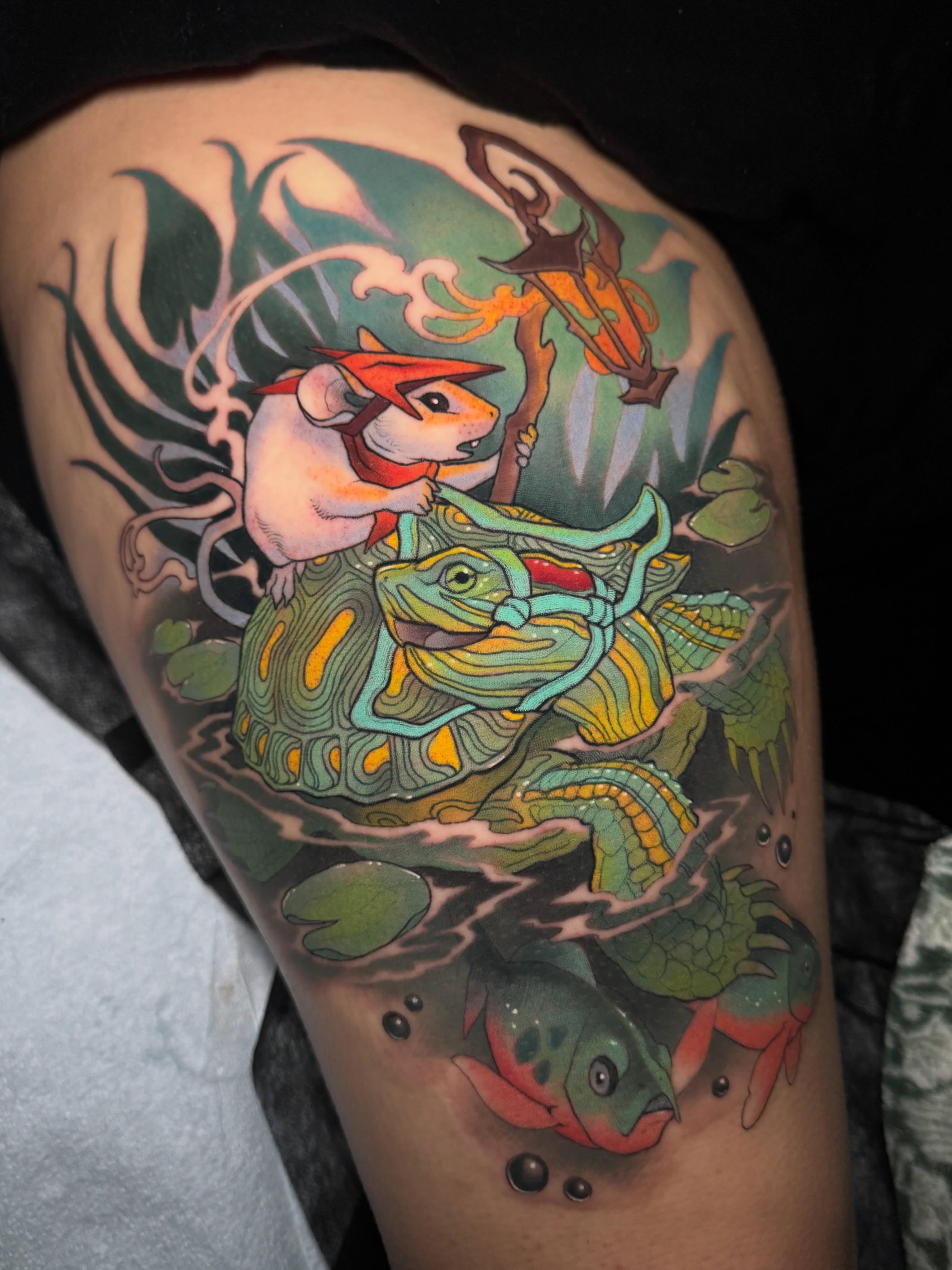 Turtle and mouse illustrative tattoo on the thigh by πππ±π±π¬π¬ ππ―π±π¦π°π±