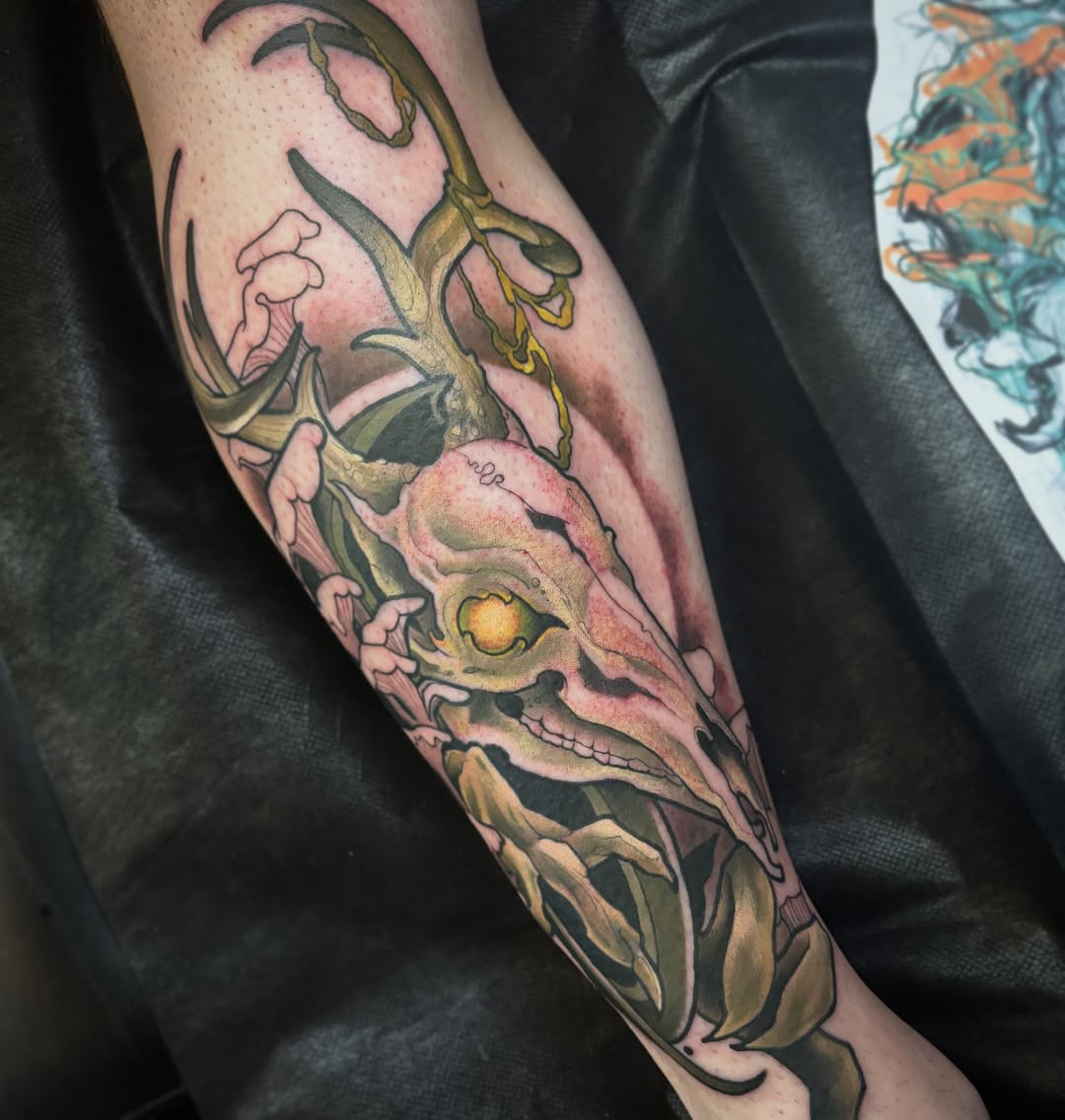 Deer skull realism tattoo on the forearm by Alex