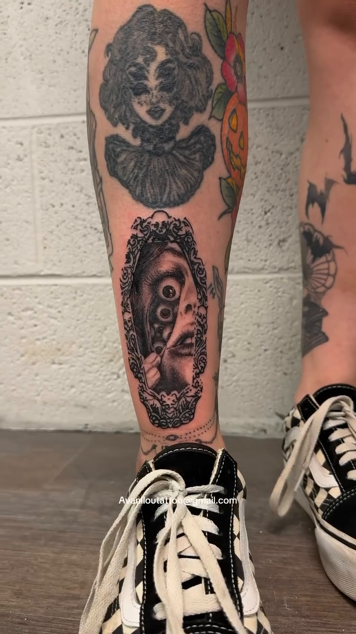 Woman and ornate frame realism tattoo by Ava Nilou