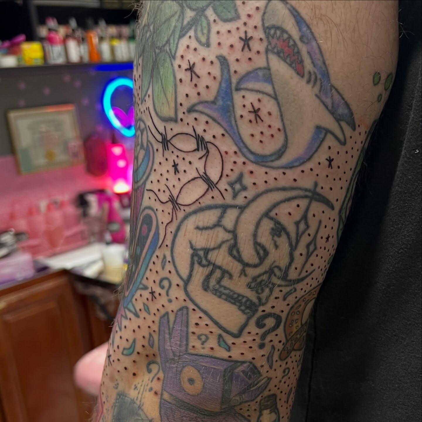 Shark and elephant dotwork tattoo on the forearm by Tomfoolery