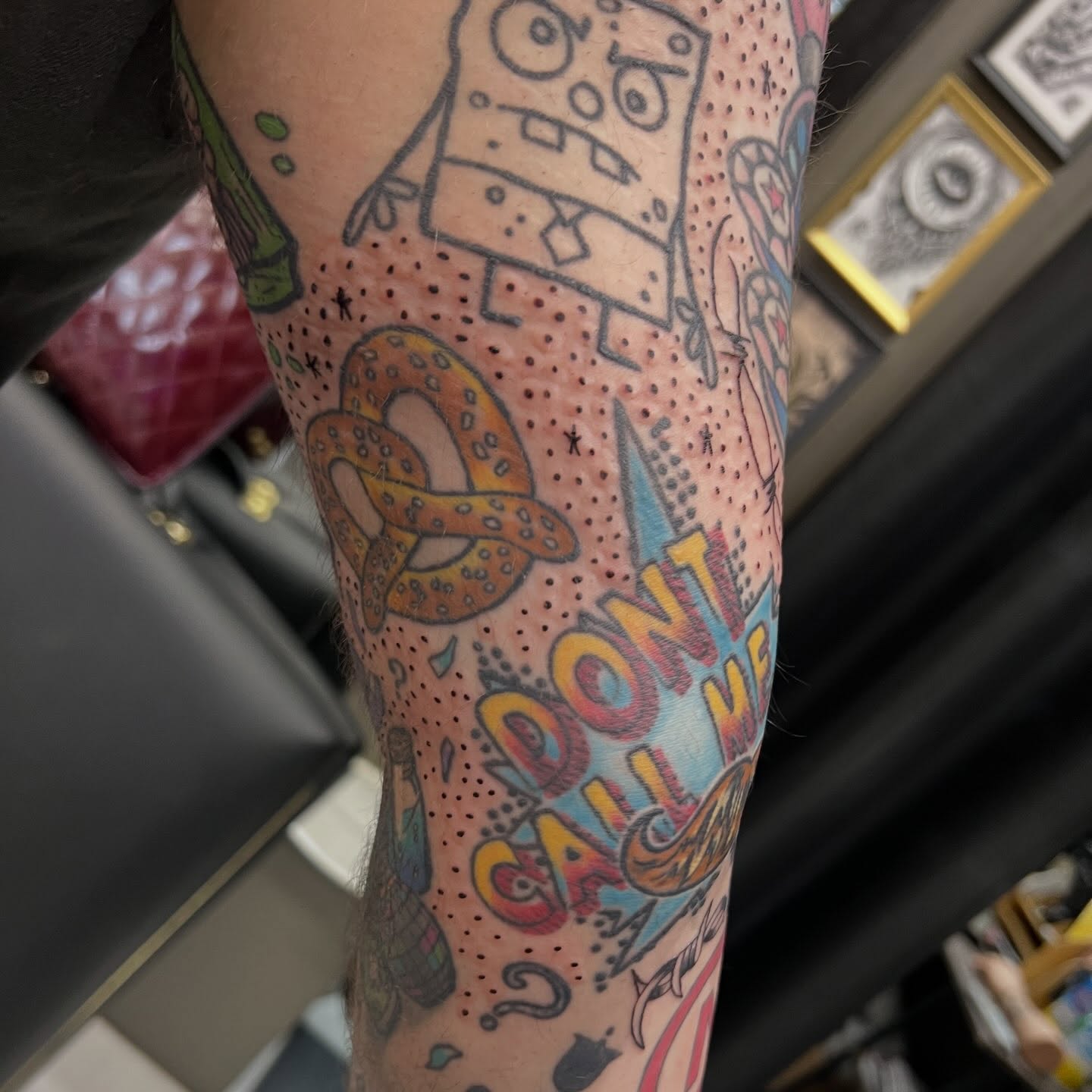 SpongeBob SquarePants dotwork tattoo on the forearm by Tomfoolery