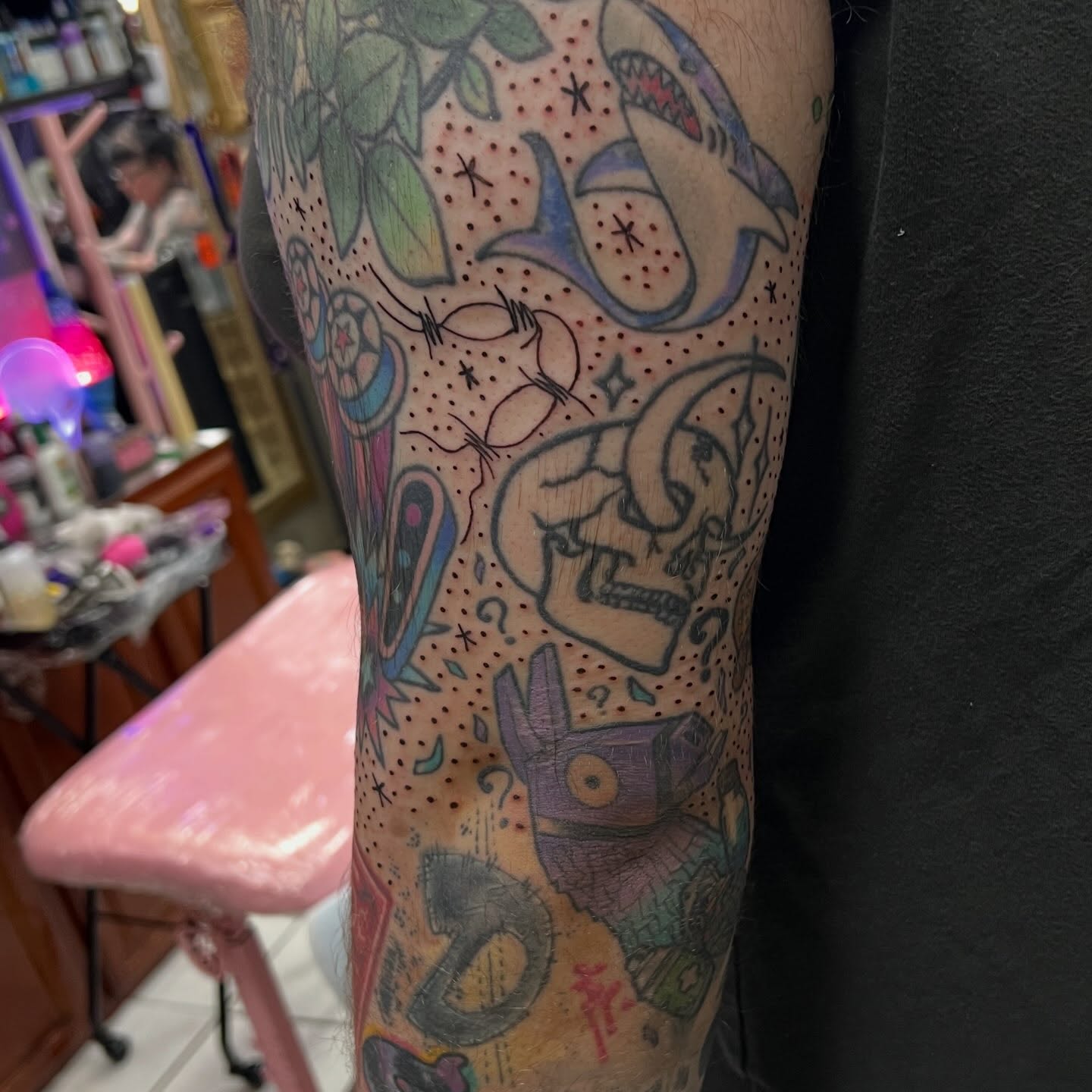 Sharks and skull dotwork tattoo on the forearm by Tomfoolery