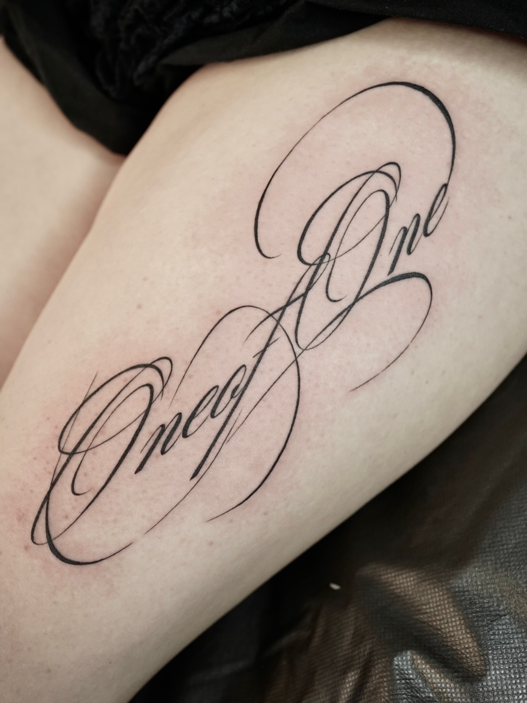 Script lettering lettering script tattoo on the thigh by Silvia :)