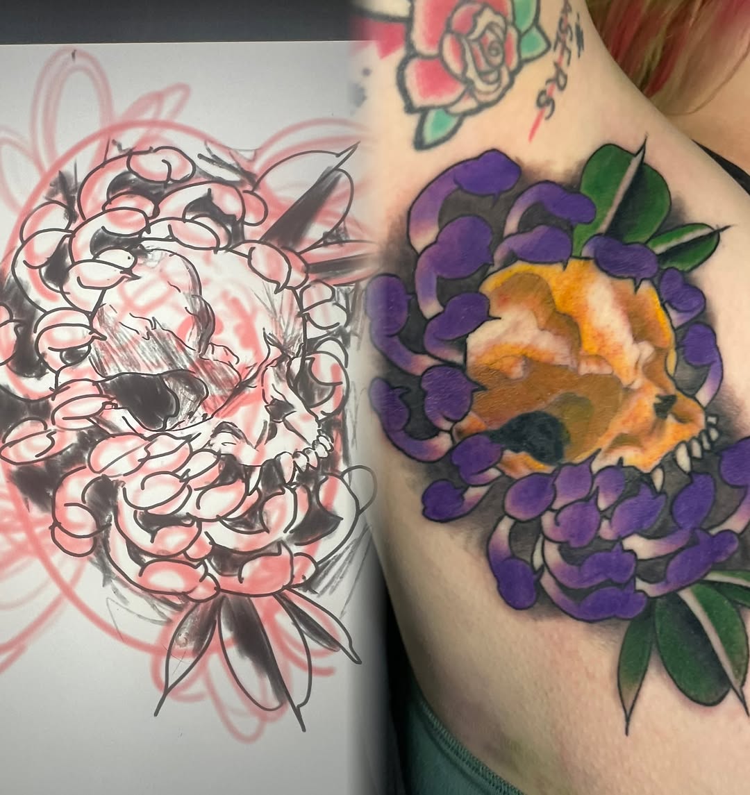 Skull and flowers American traditional tattoo on the shoulder by Brittney