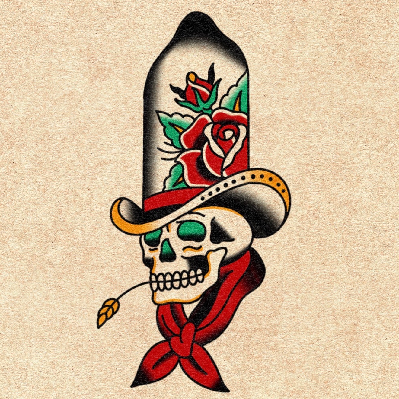 Skull wearing sombrero American traditional tattoo by Josh Robinson
