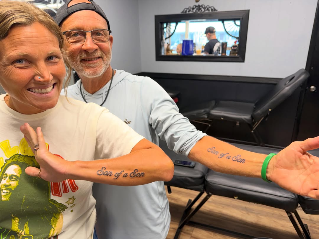 Son of a Son lettering script tattoo on the upper arm by Justin Evans kc ink