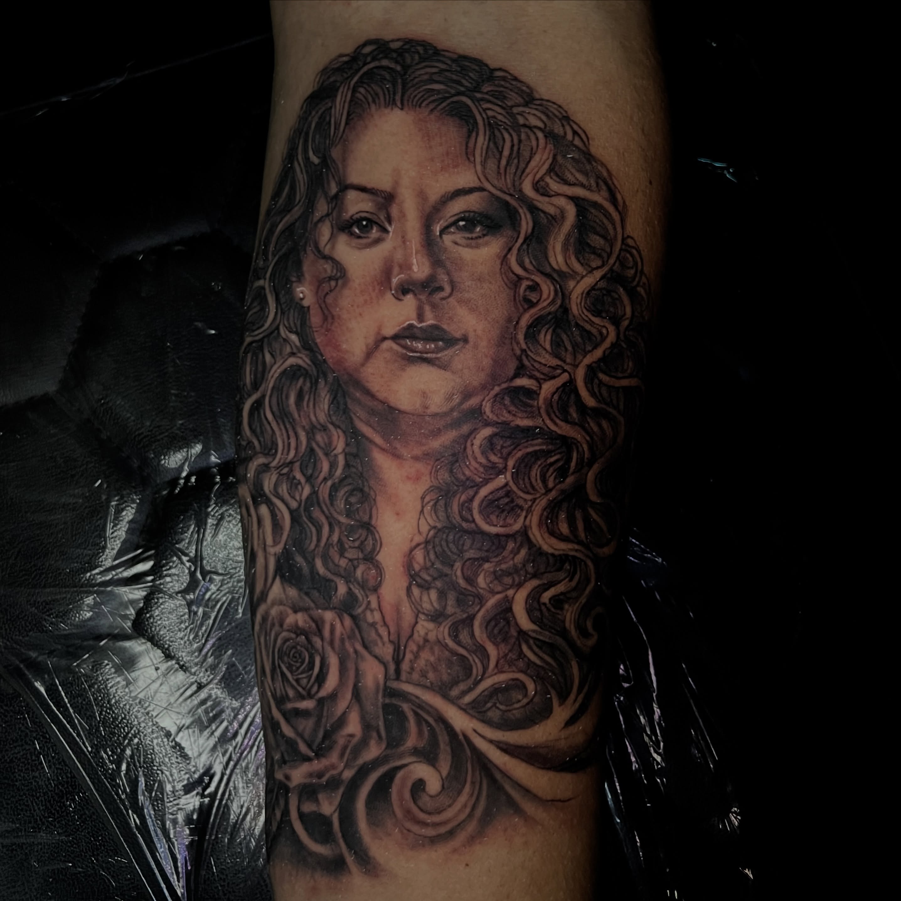Portrait of a woman realism tattoo on the forearm by Monstro Ink Arts Tattoos, Bakersfield, California