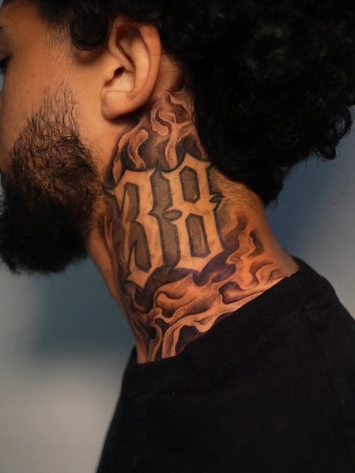 Number 0808 lettering script tattoo on the neck by Espi