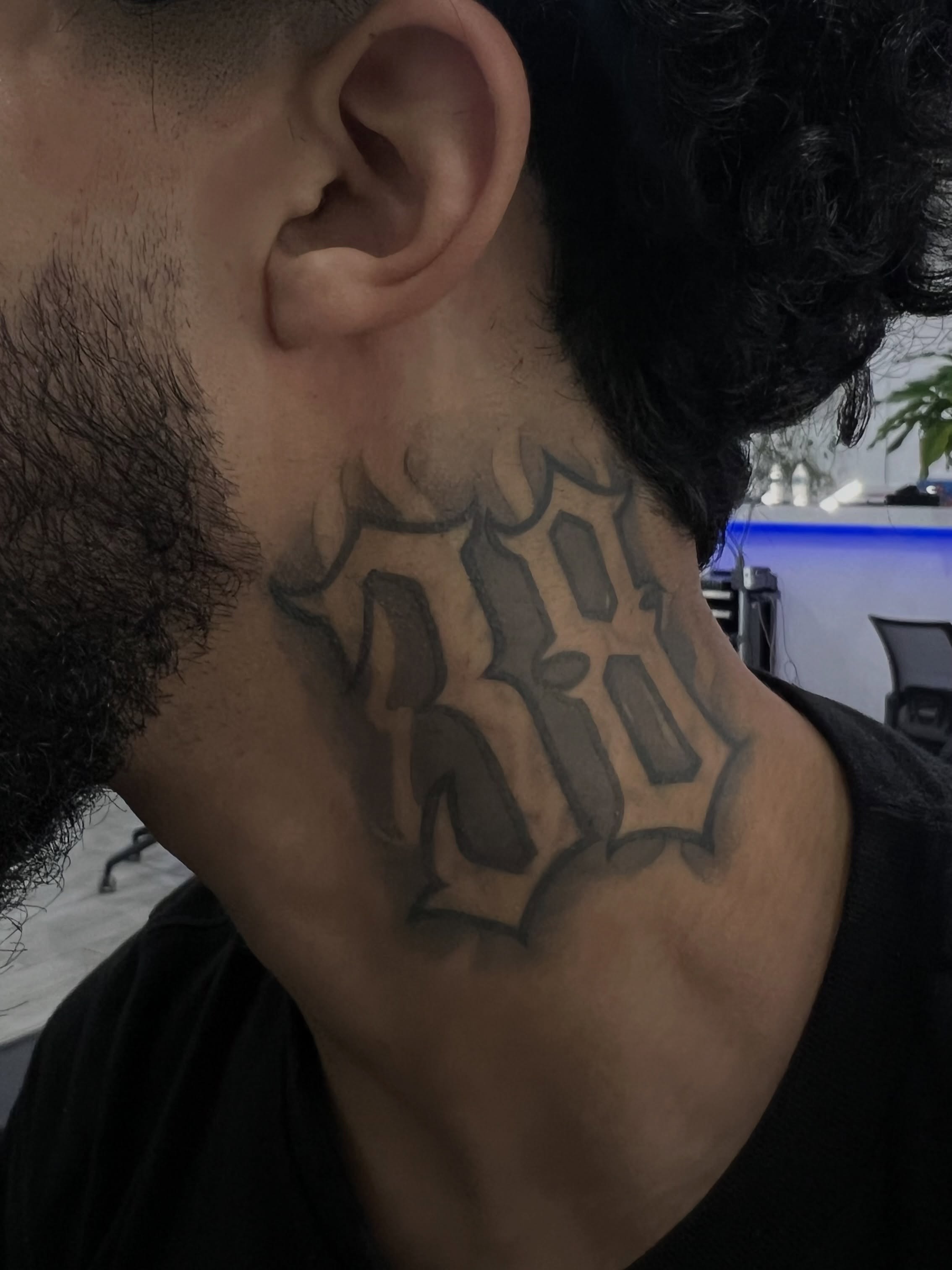 Lettering lettering script tattoo on the neck by Espi