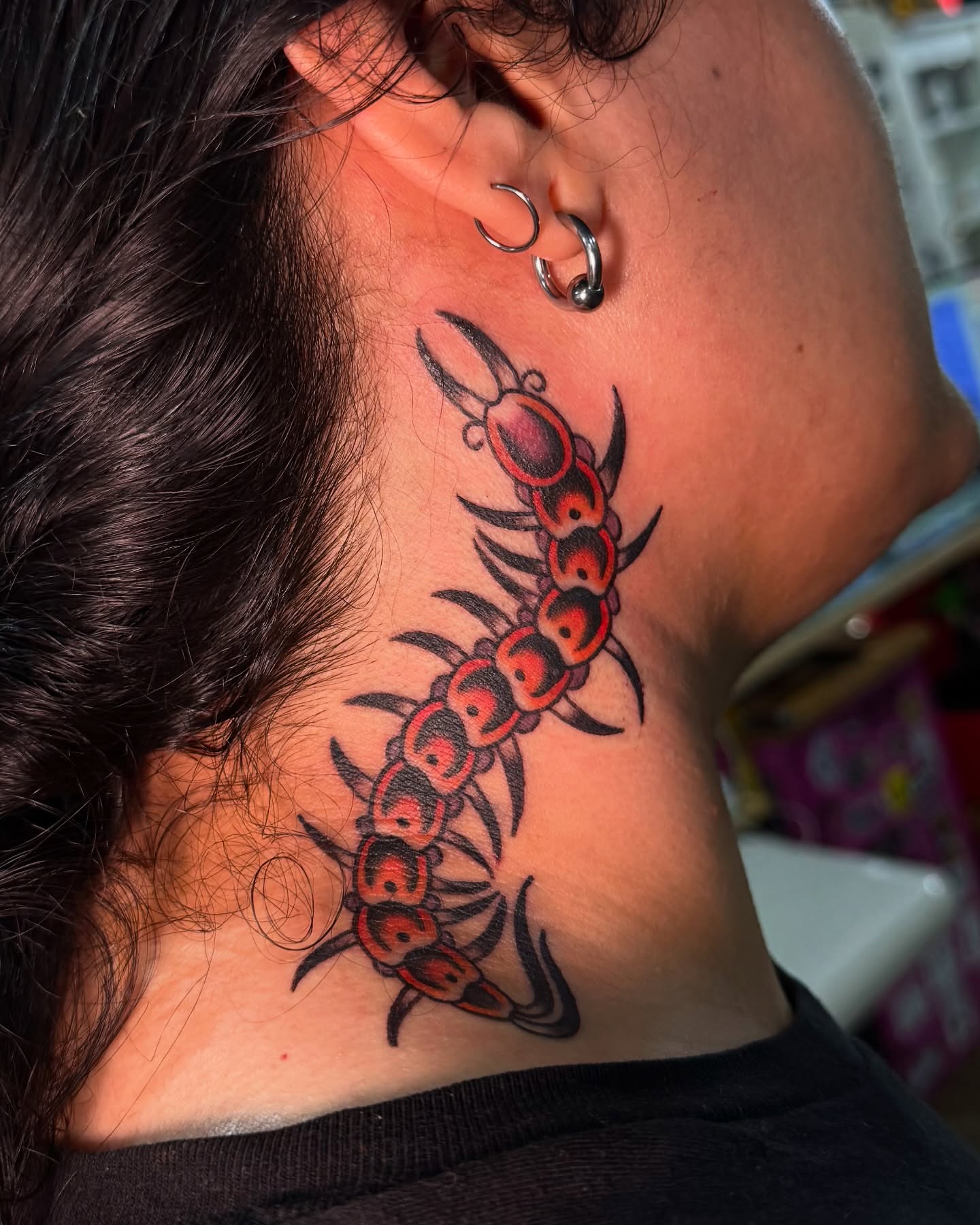 Centipede neo-traditional tattoo on the neck by ＊ Carly James ＊