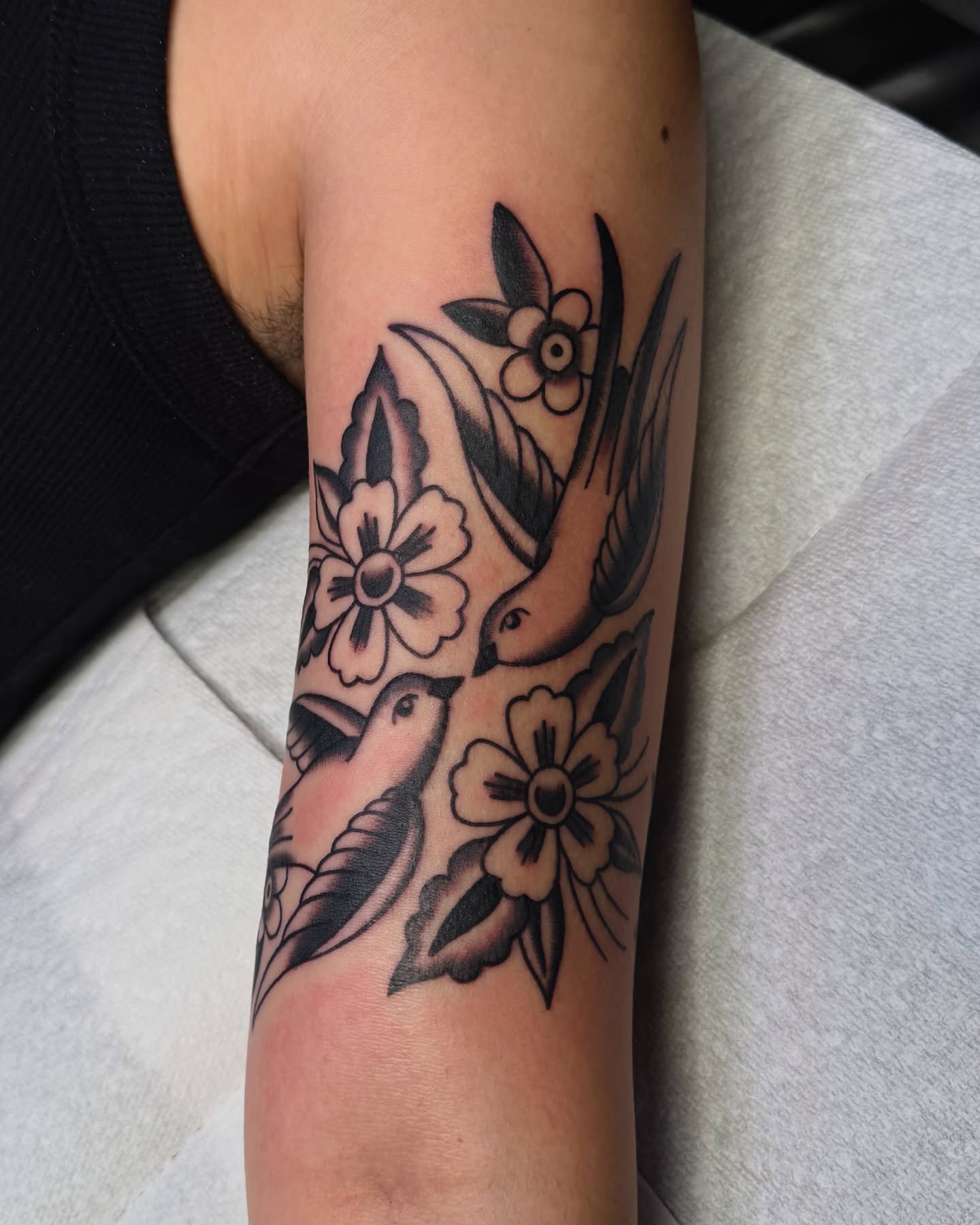 Birds and flowers American traditional tattoo on the forearm by ＊ Carly James ＊