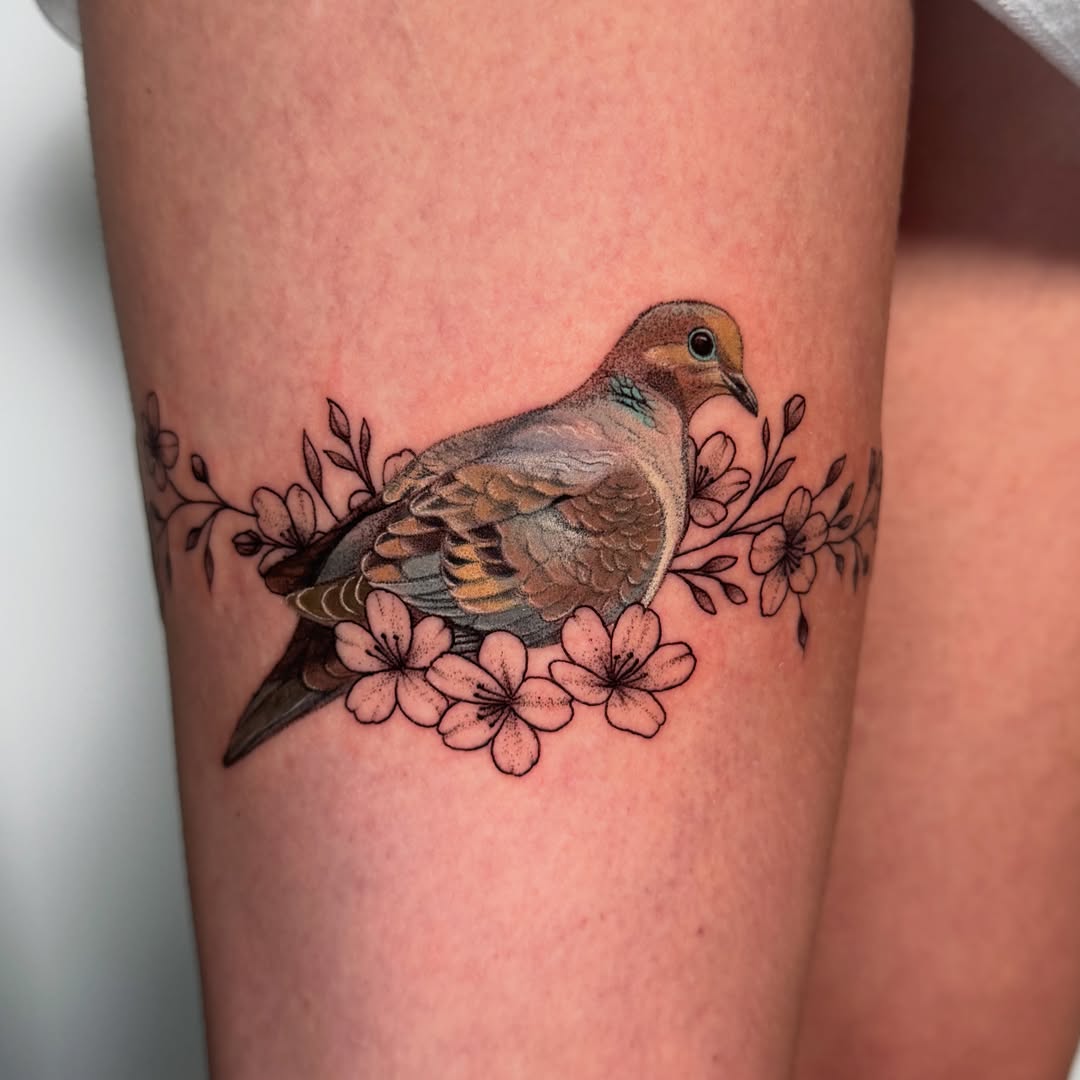 Bird with flowers realism tattoo on the forearm by Tori Bent