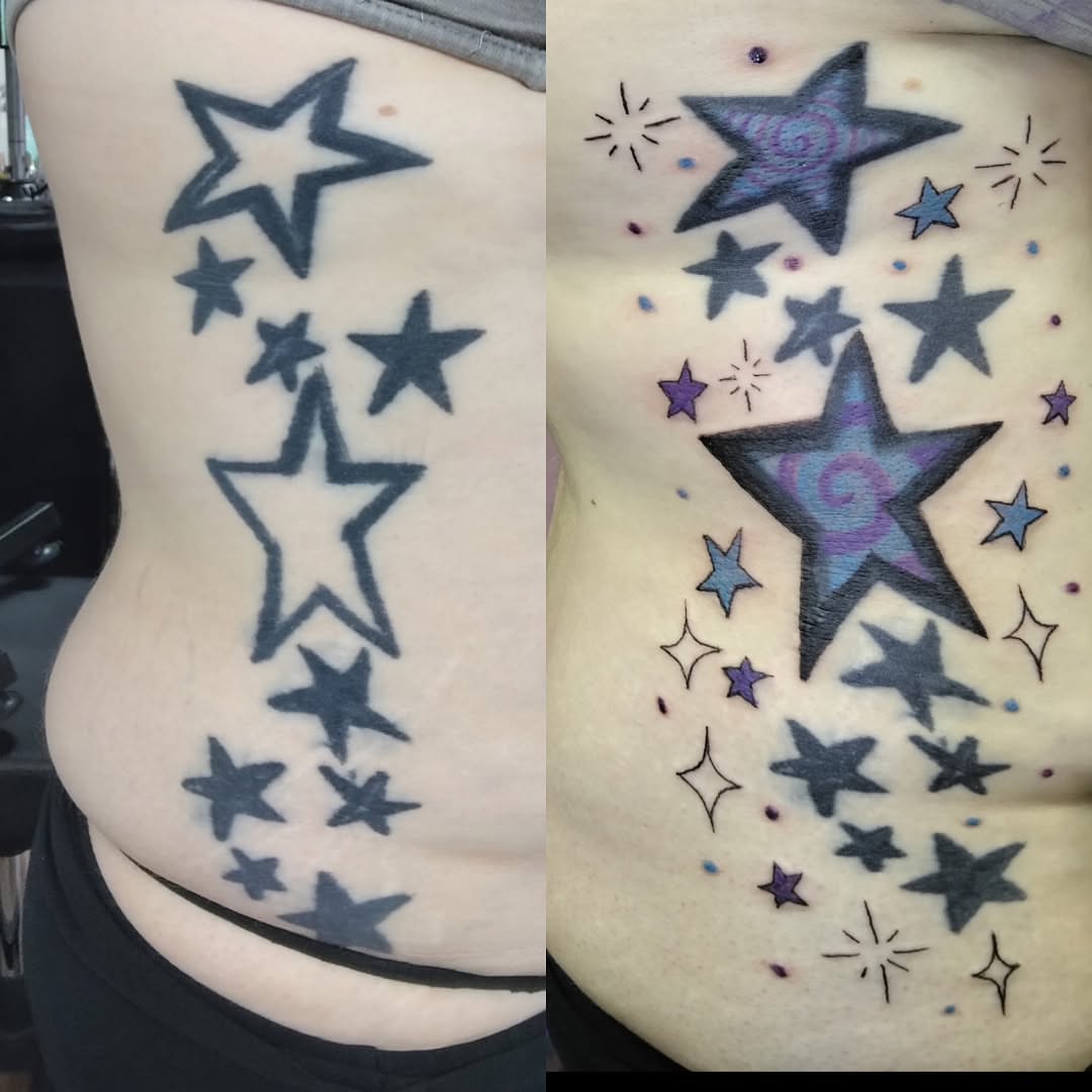 Stars dotwork tattoo on the torso by Malynda
