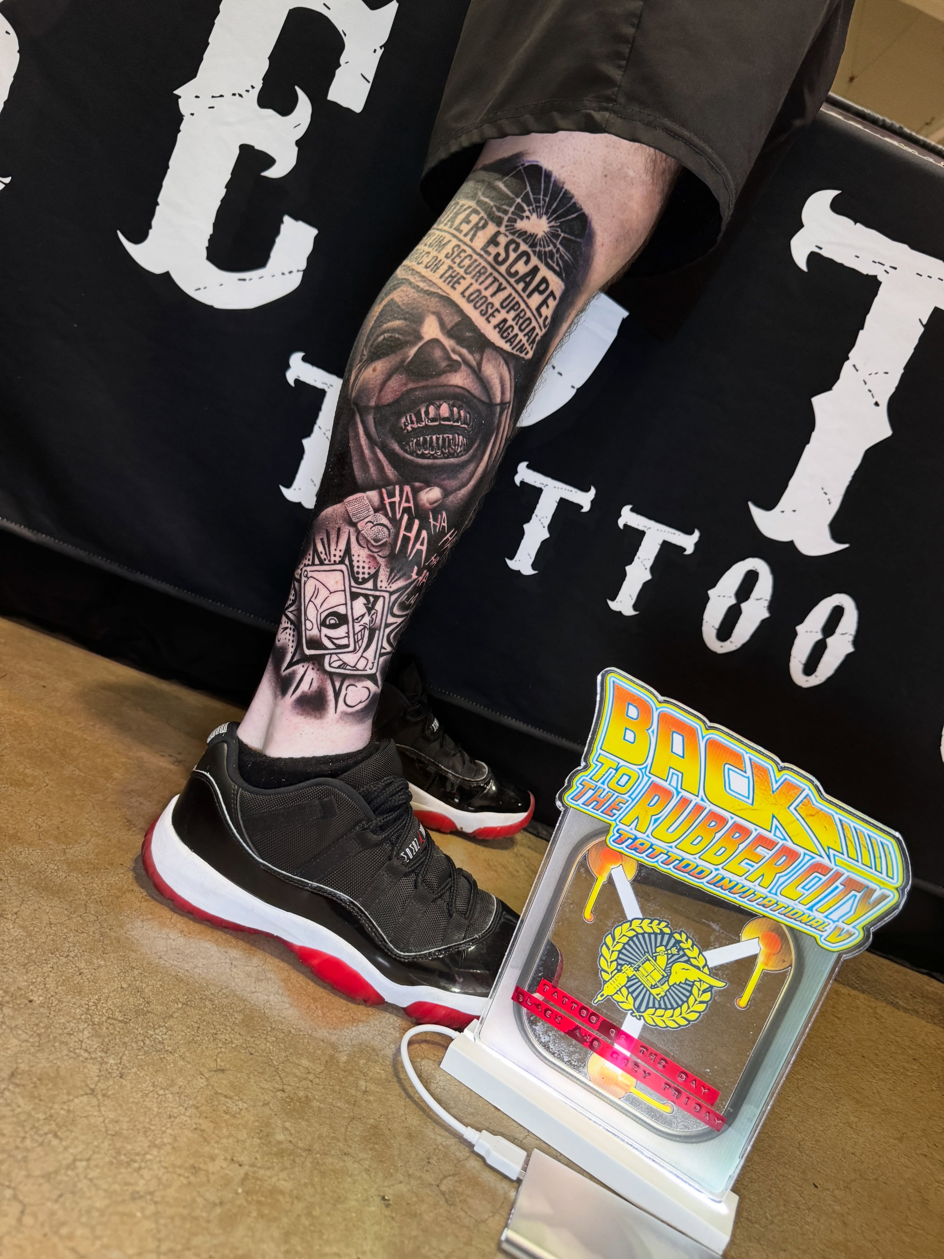 Joker dark realism tattoo on the forearm by Shane Fowler, Massillon, Ohio
