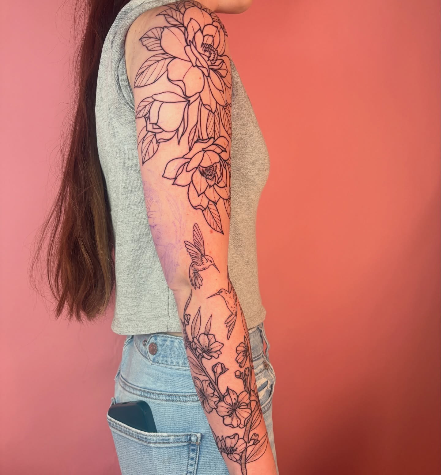 Floral and hummingbird black and grey tattoo on the forearm by Car🦋🌈 Dallas Tattoo Artist💖