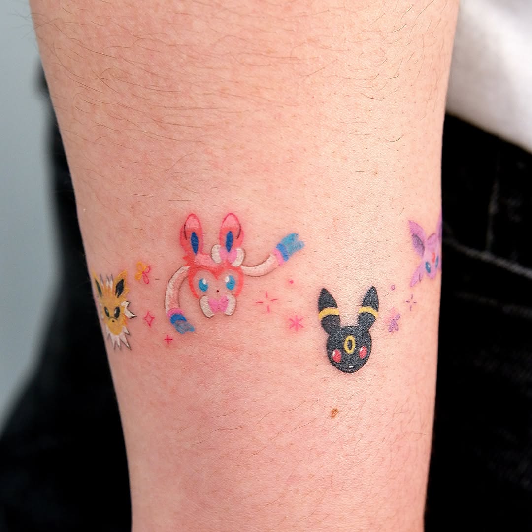 Pokémon characters dotwork tattoo on the forearm by 타투 Seon 컬러타투