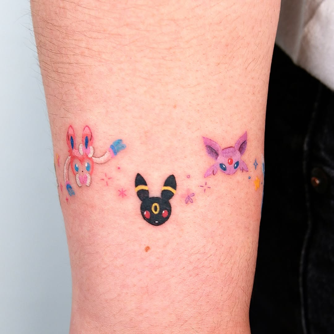 Pokémon characters dotwork tattoo on the forearm by 타투 Seon 컬러타투