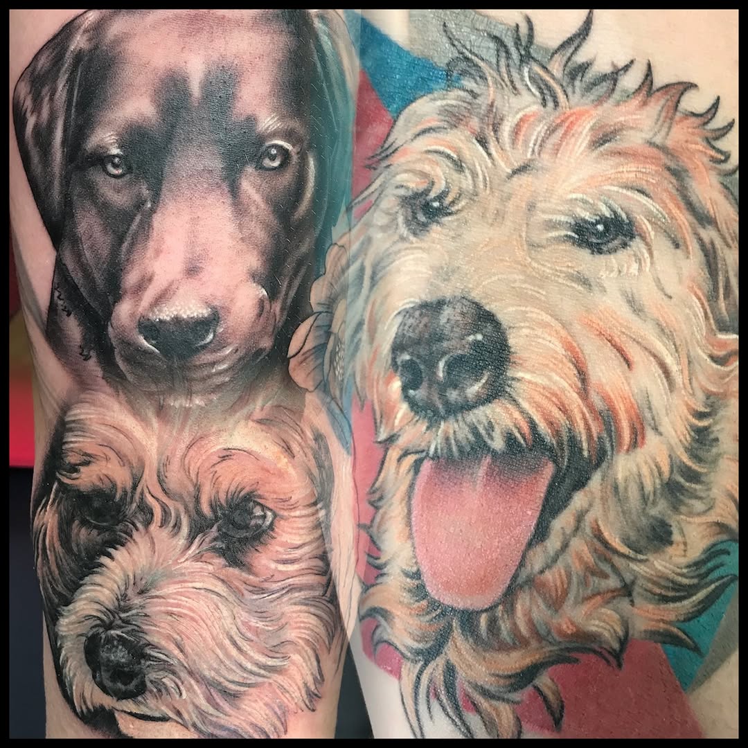 Dogs realism tattoo on the forearm by Bryan Hunt