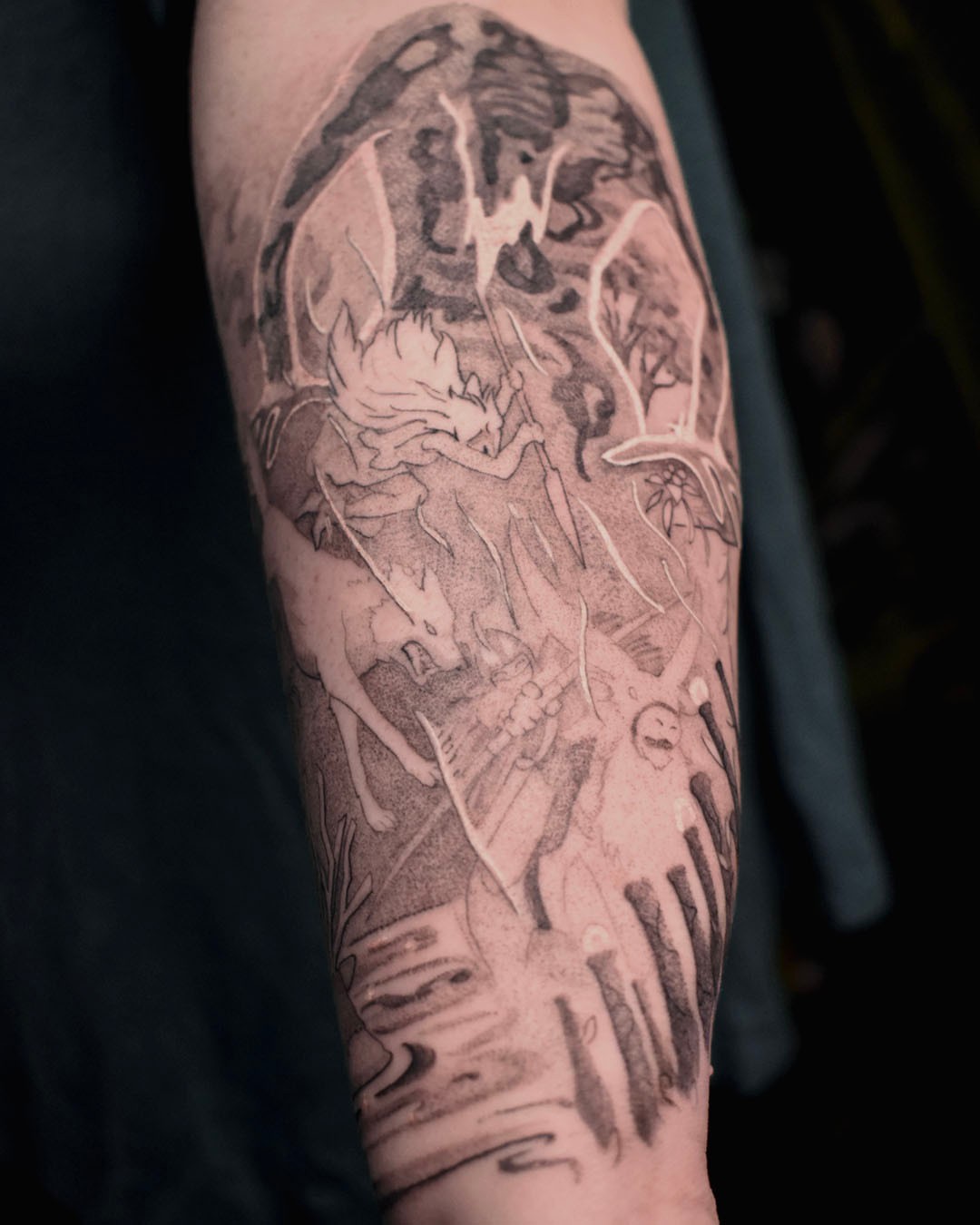 Battle scene dotwork tattoo on the forearm by Erin Isaacs