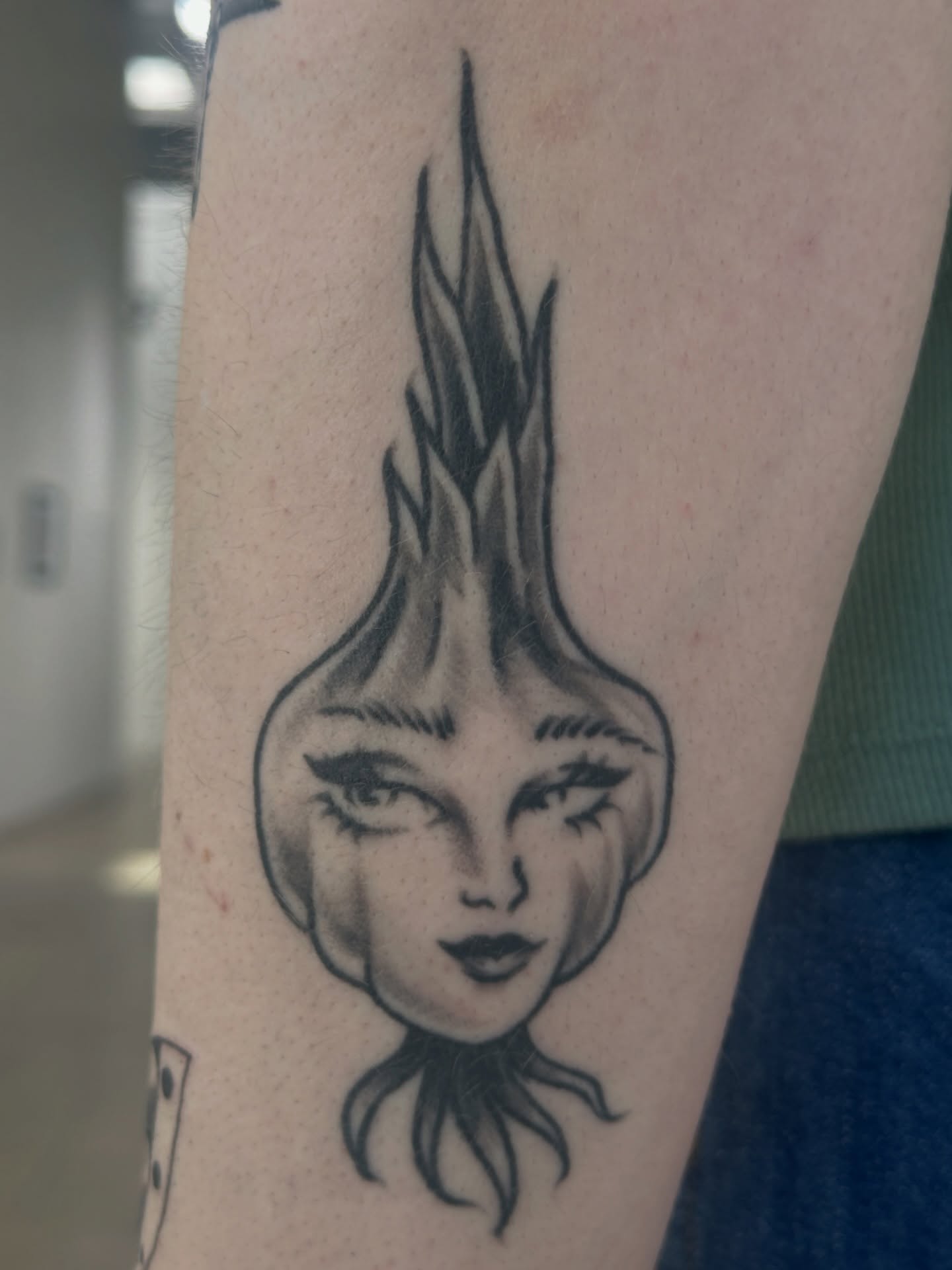 Woman's head black and grey tattoo on the forearm by julian solis, Houston, Texas