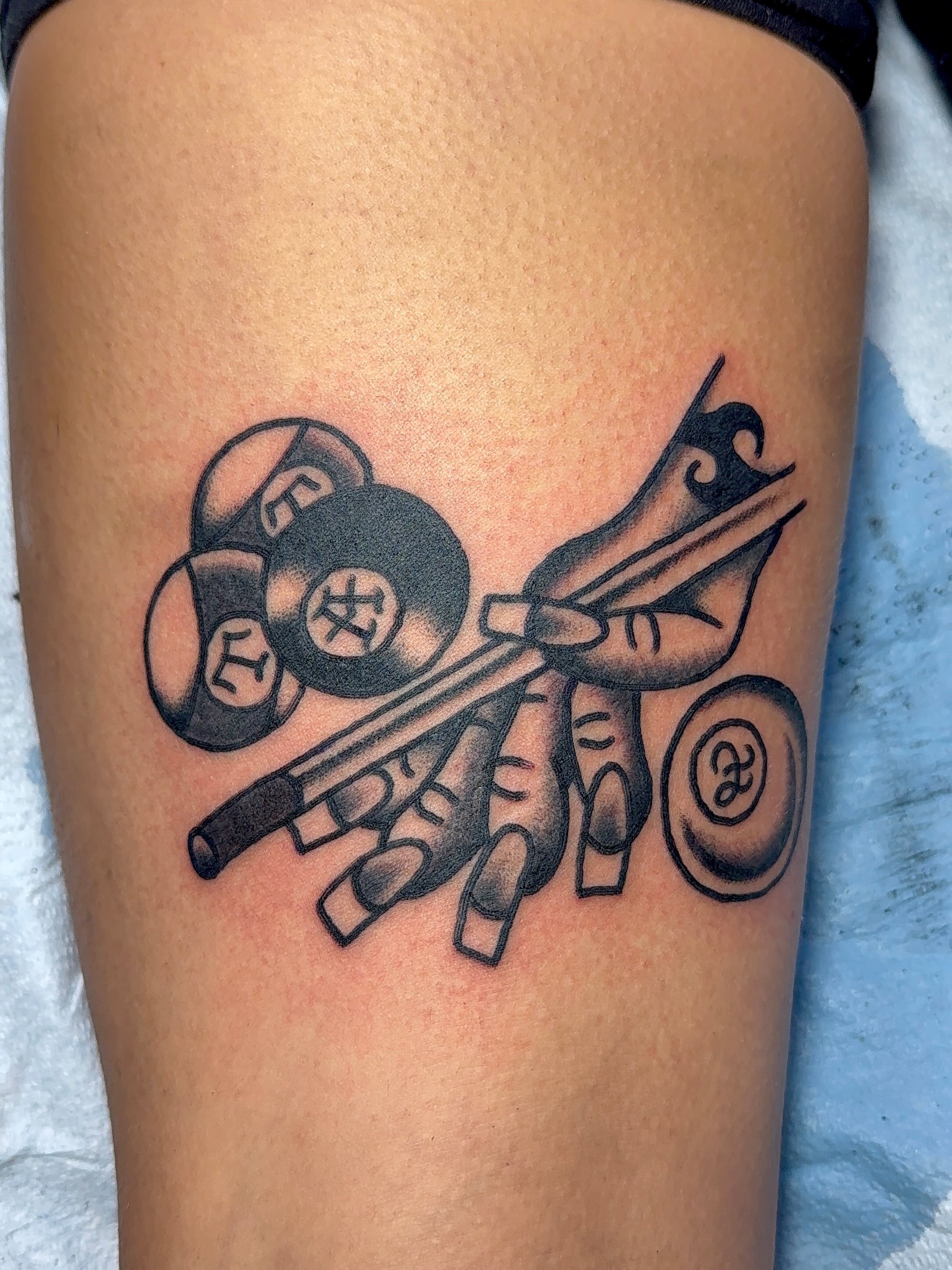 Drumsticks and drum black and grey tattoo on the thigh by VAY