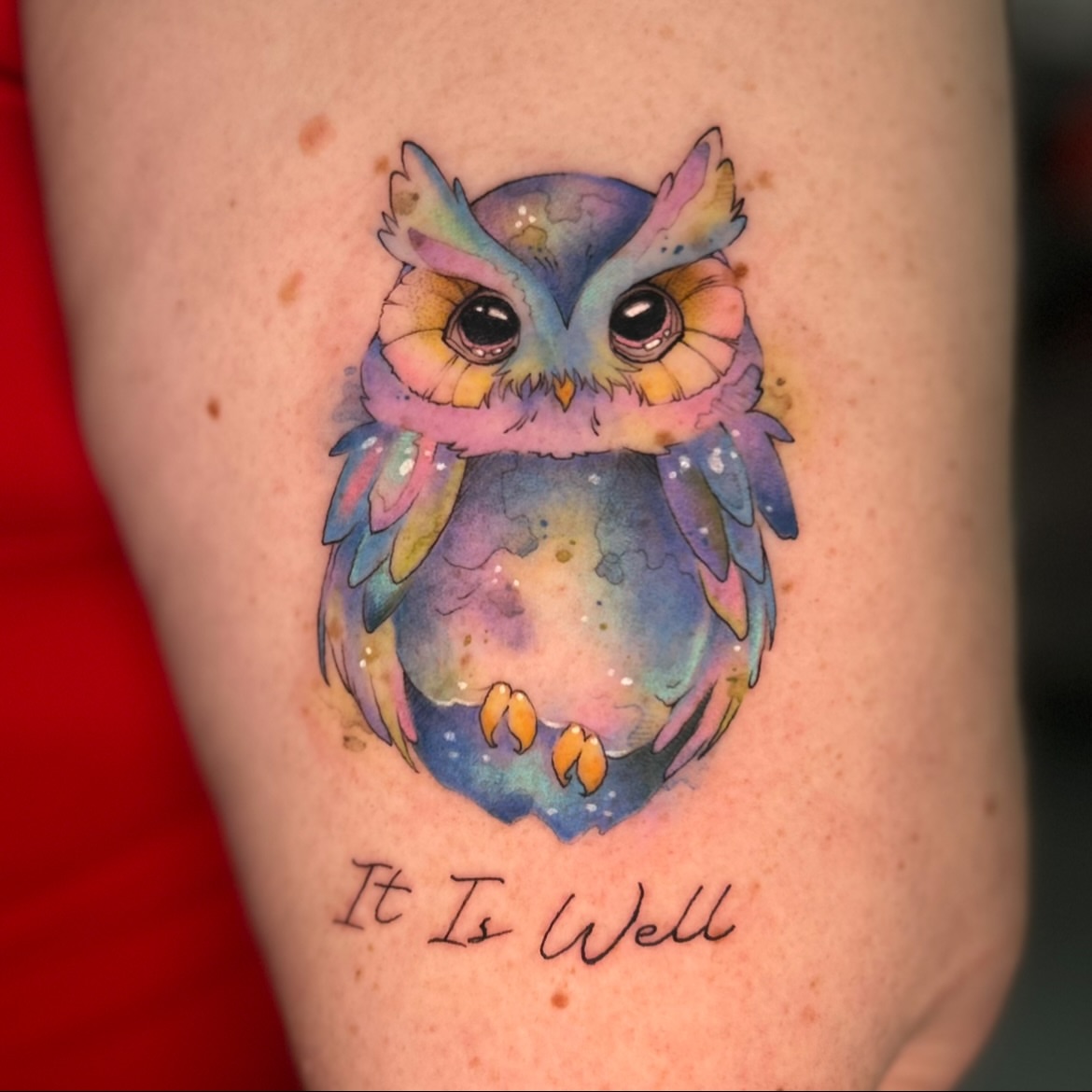 Owl watercolor tattoo on the thigh by Maara Martinez