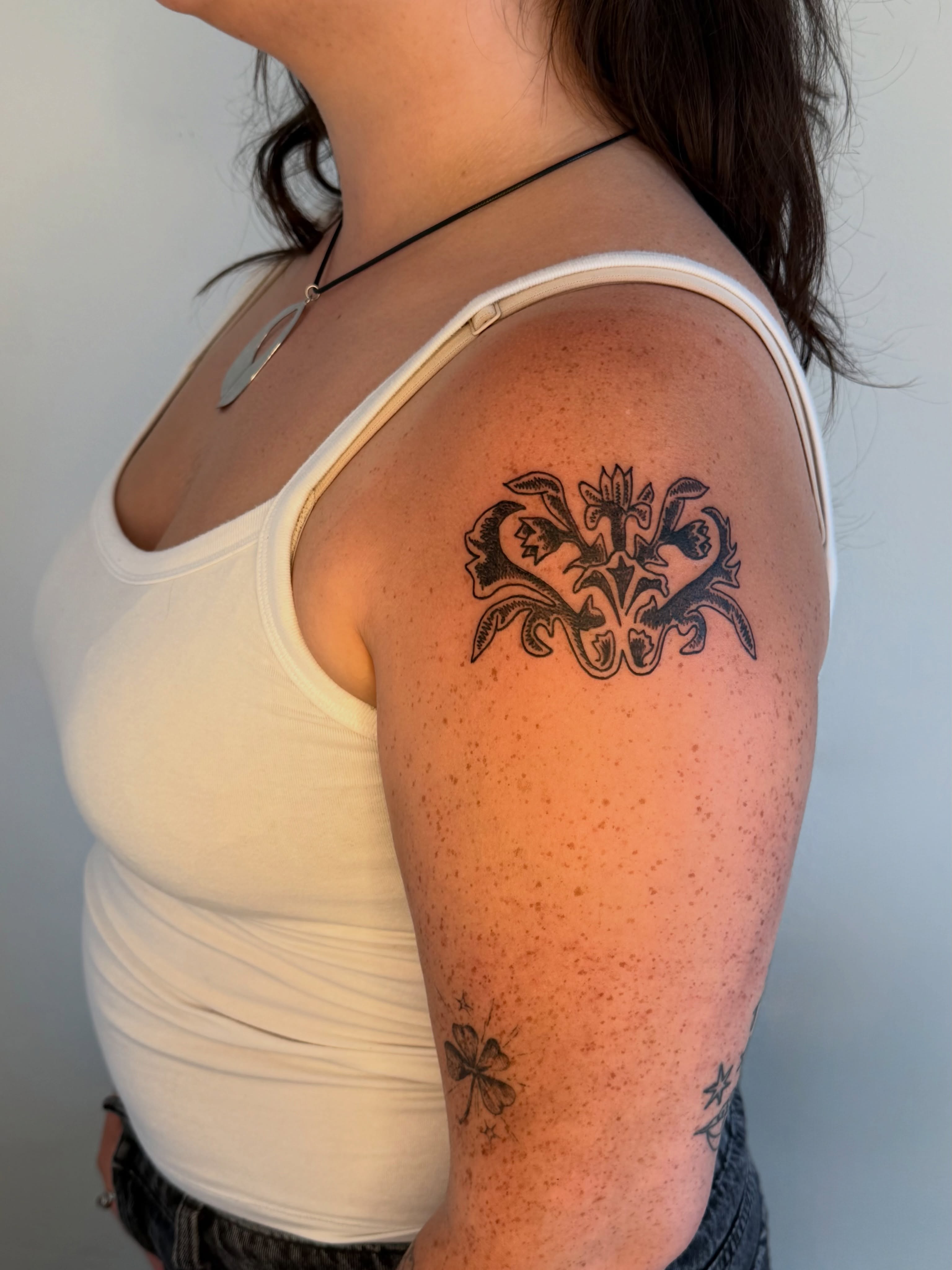 Floral design black and grey tattoo on the shoulder by ♤ Catherine Stengel ♤