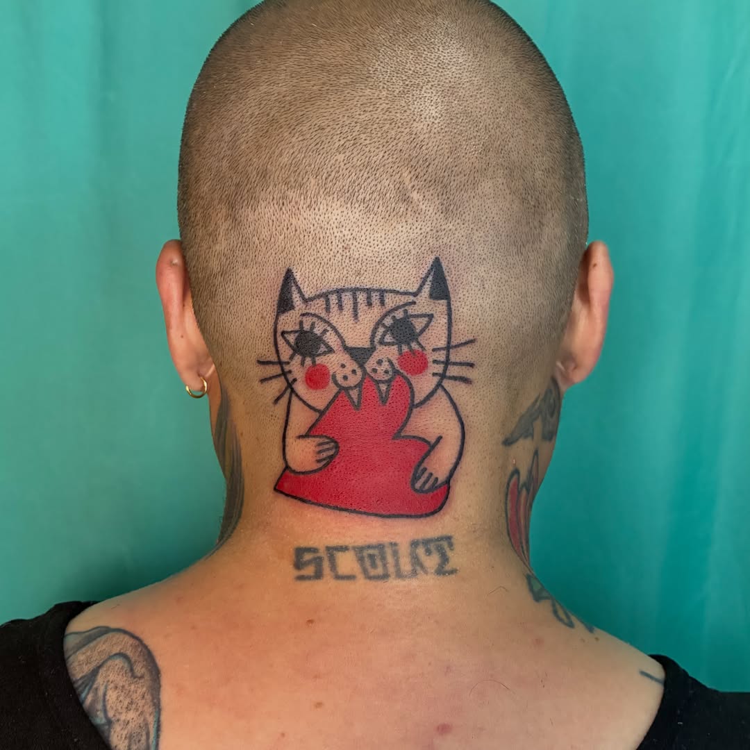 Cat dotwork tattoo on the neck by Kaily McKee