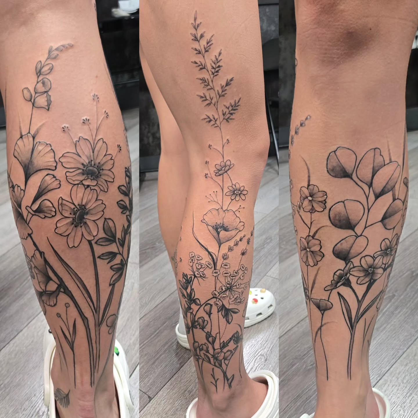 Floral arrangement black and grey tattoo on the calf by Britty Love, Nashville, Tennessee