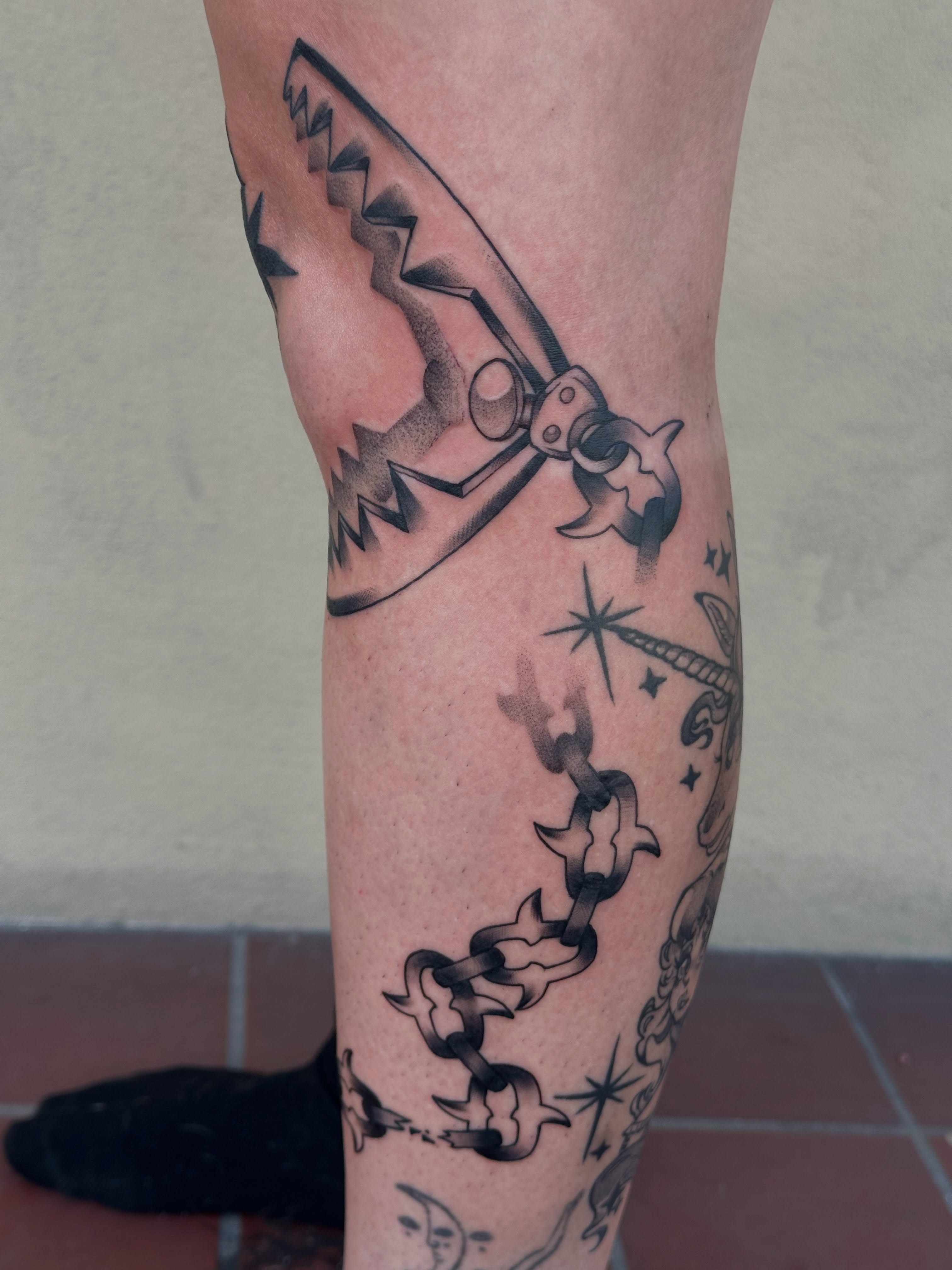 Anchor and chain black and grey tattoo on the calf by 𝔅𝔞𝔱𝔅𝔬𝔫𝔢 🦇Mariah Hernandez