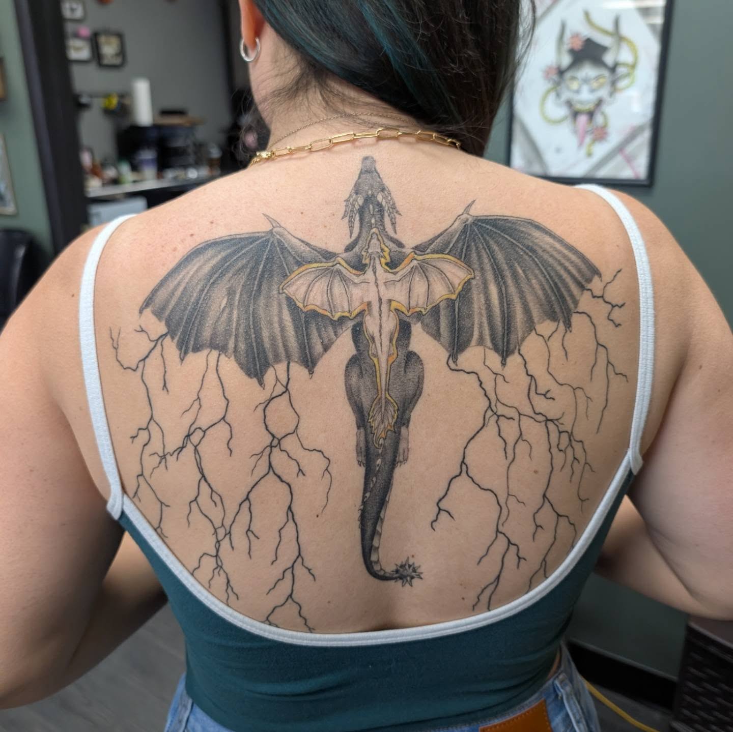 Dragon black and grey tattoo on the back by Hannah Hayes, Livonia, Michigan