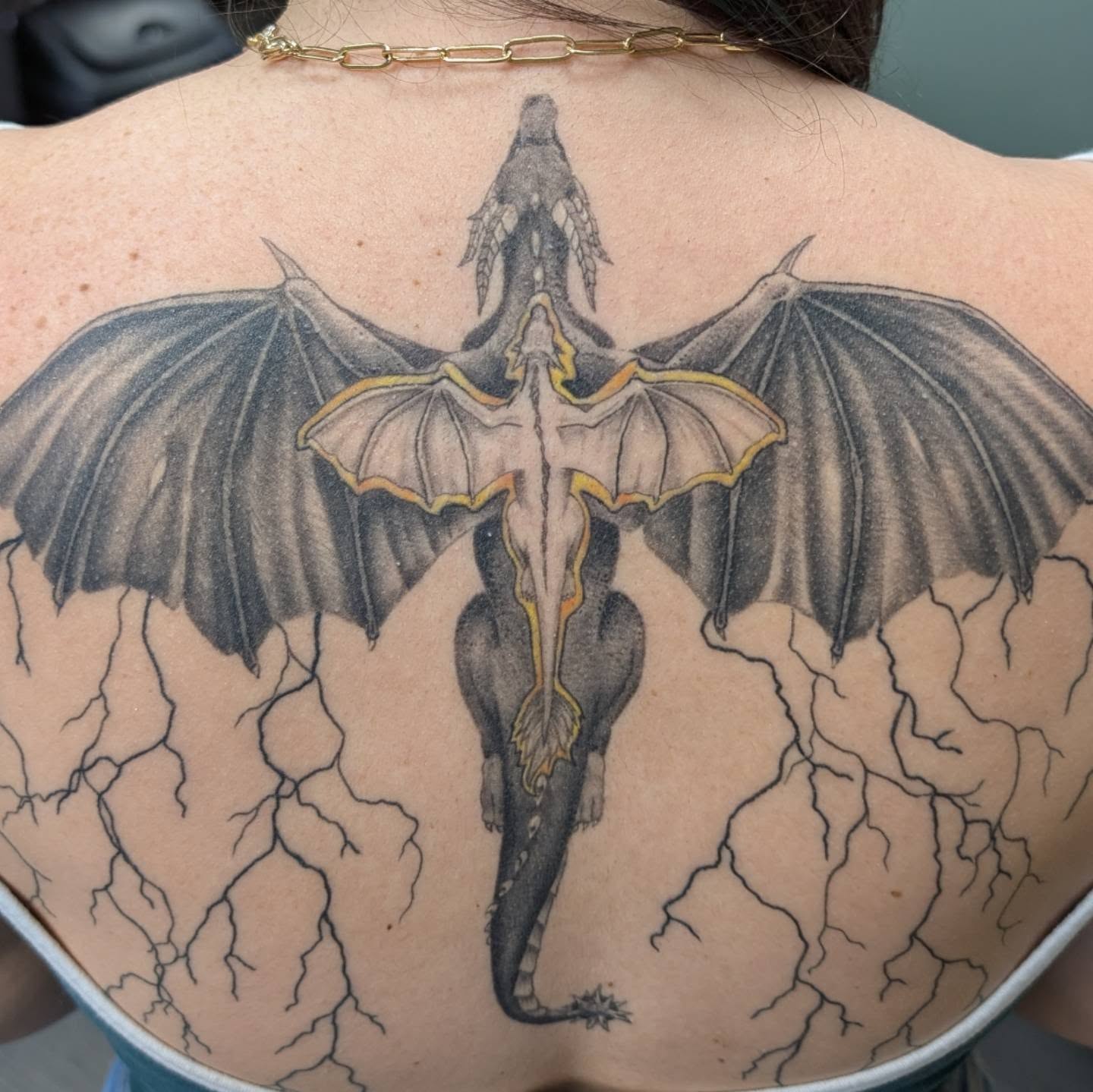 Dragon black and grey tattoo on the back by Hannah Hayes, Livonia, Michigan