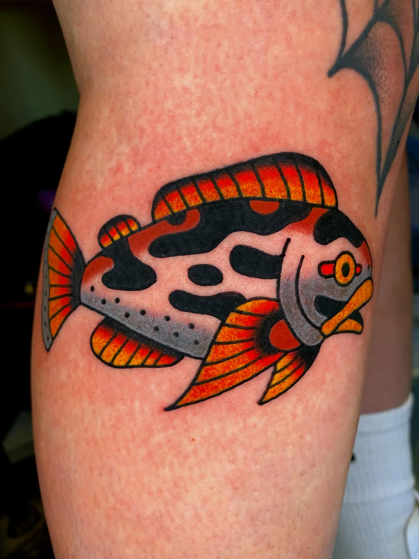 Fish American traditional tattoo on the thigh by Quinn, Kansas City, Missouri