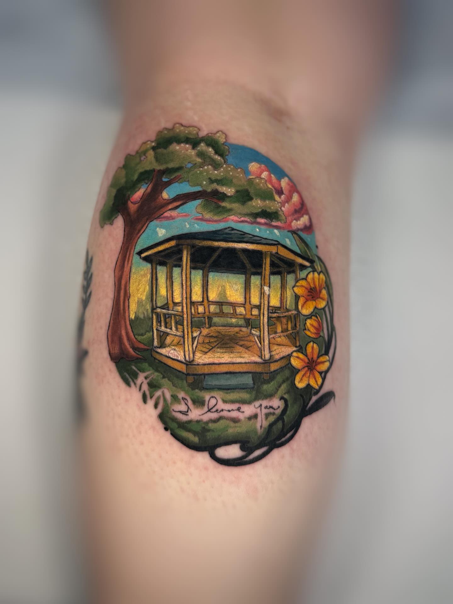 Treehouse and flowers new school tattoo on the forearm by Anna Saveria
