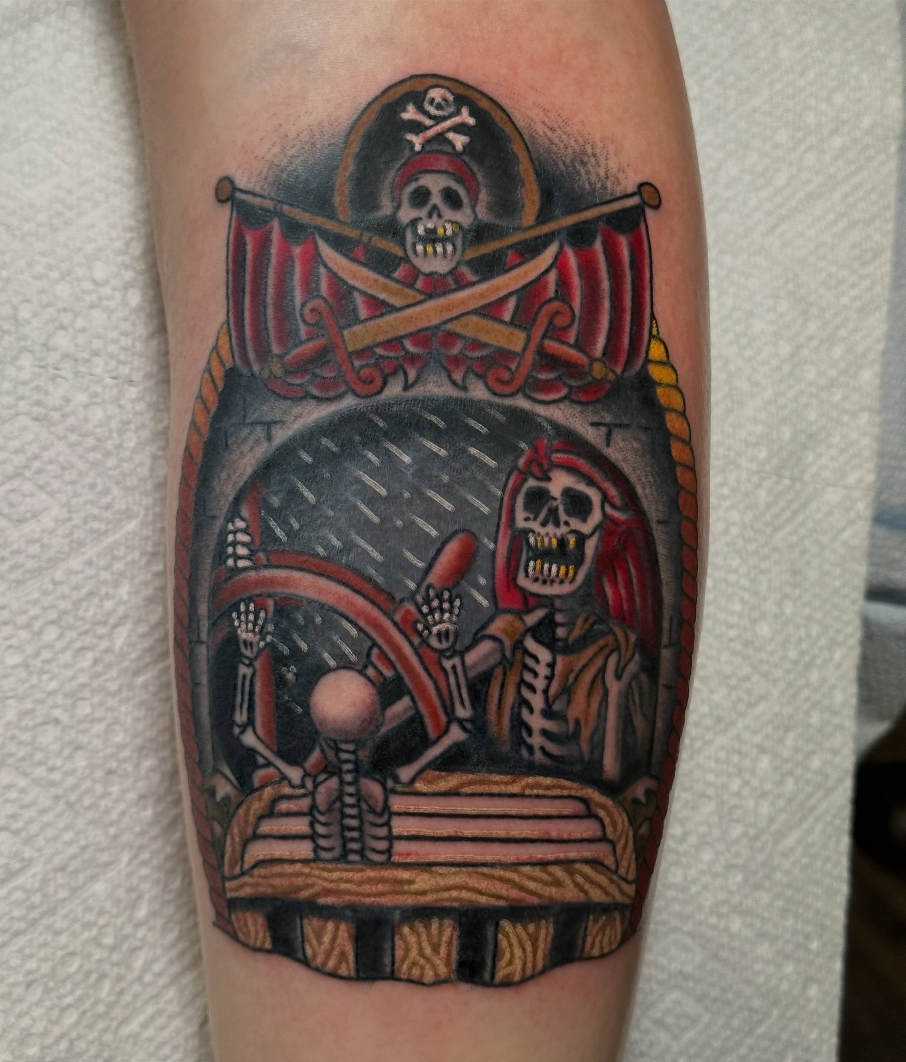 Pirate skeleton American traditional tattoo on the forearm by Brandon Bear