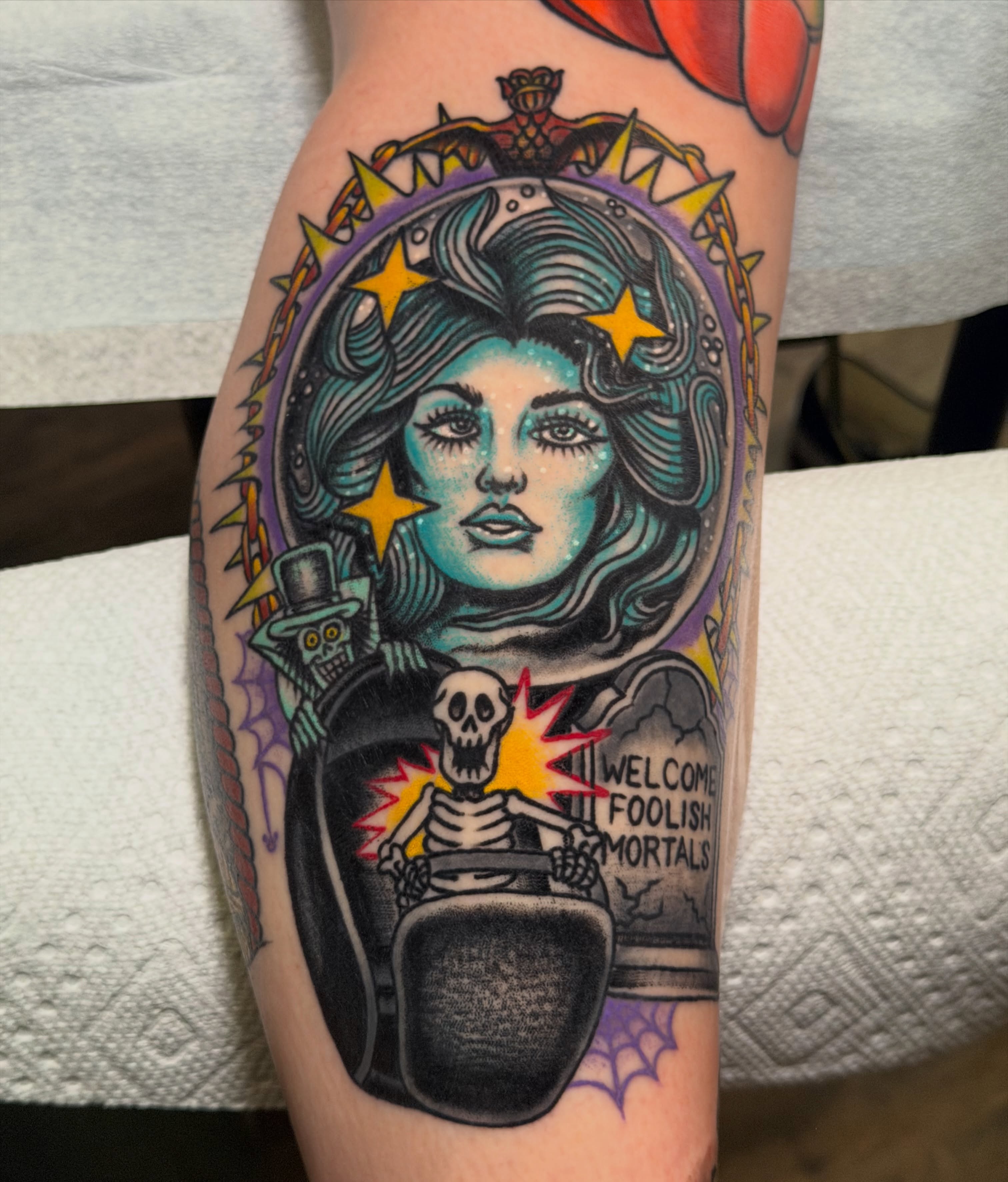Woman with stars American traditional tattoo on the forearm by Brandon Bear