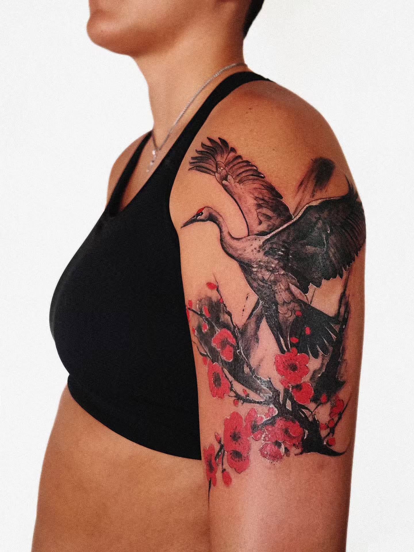 Crane and blossoms japanese irezumi tattoo on the shoulder by 𝗔𝗟𝗘𝗫 𝗣𝗥𝗘𝗤𝗨𝗘𝗟 𝗧𝗔𝗧𝗧𝗢𝗢𝗦 𝗖𝗛𝗜𝗖𝗔𝗚𝗢 ™, Chicago, Illinois
