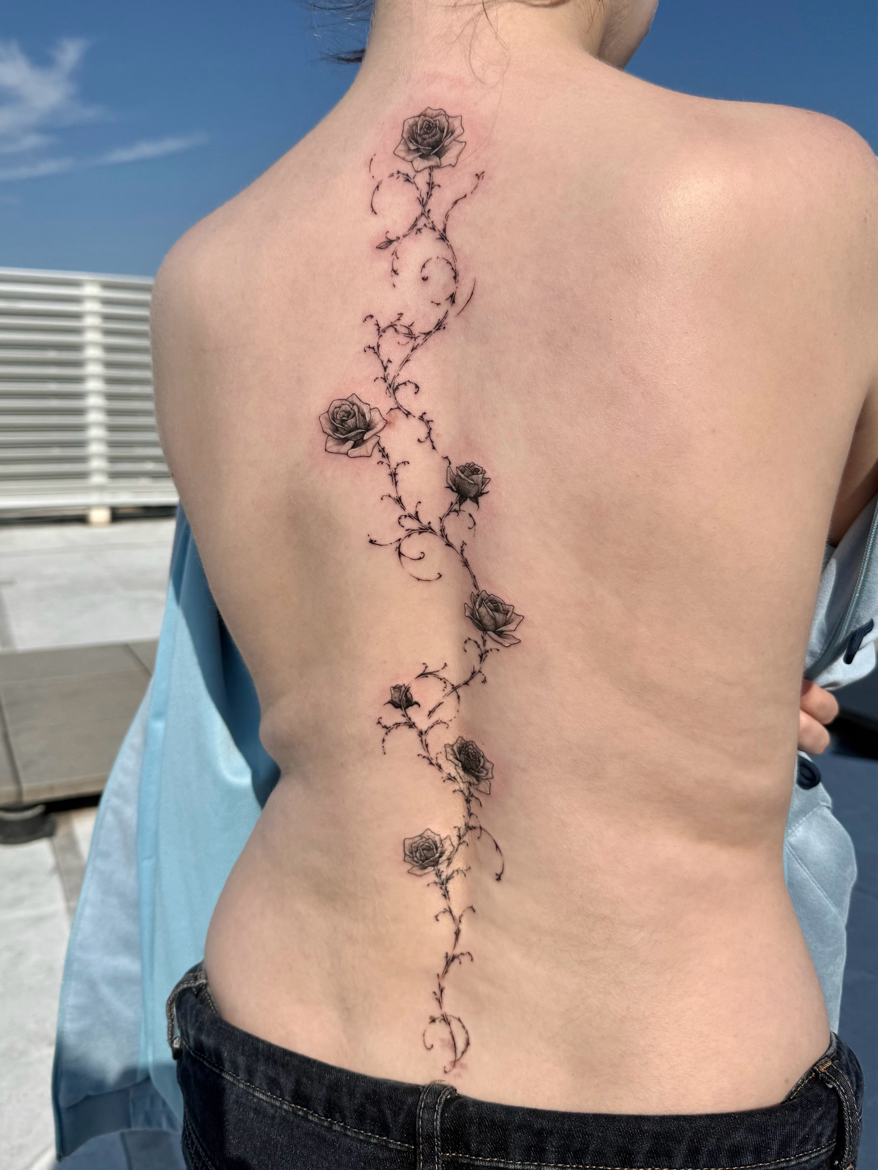 Roses and vines black and grey tattoo on the back by ๐๐๐๐๐๐