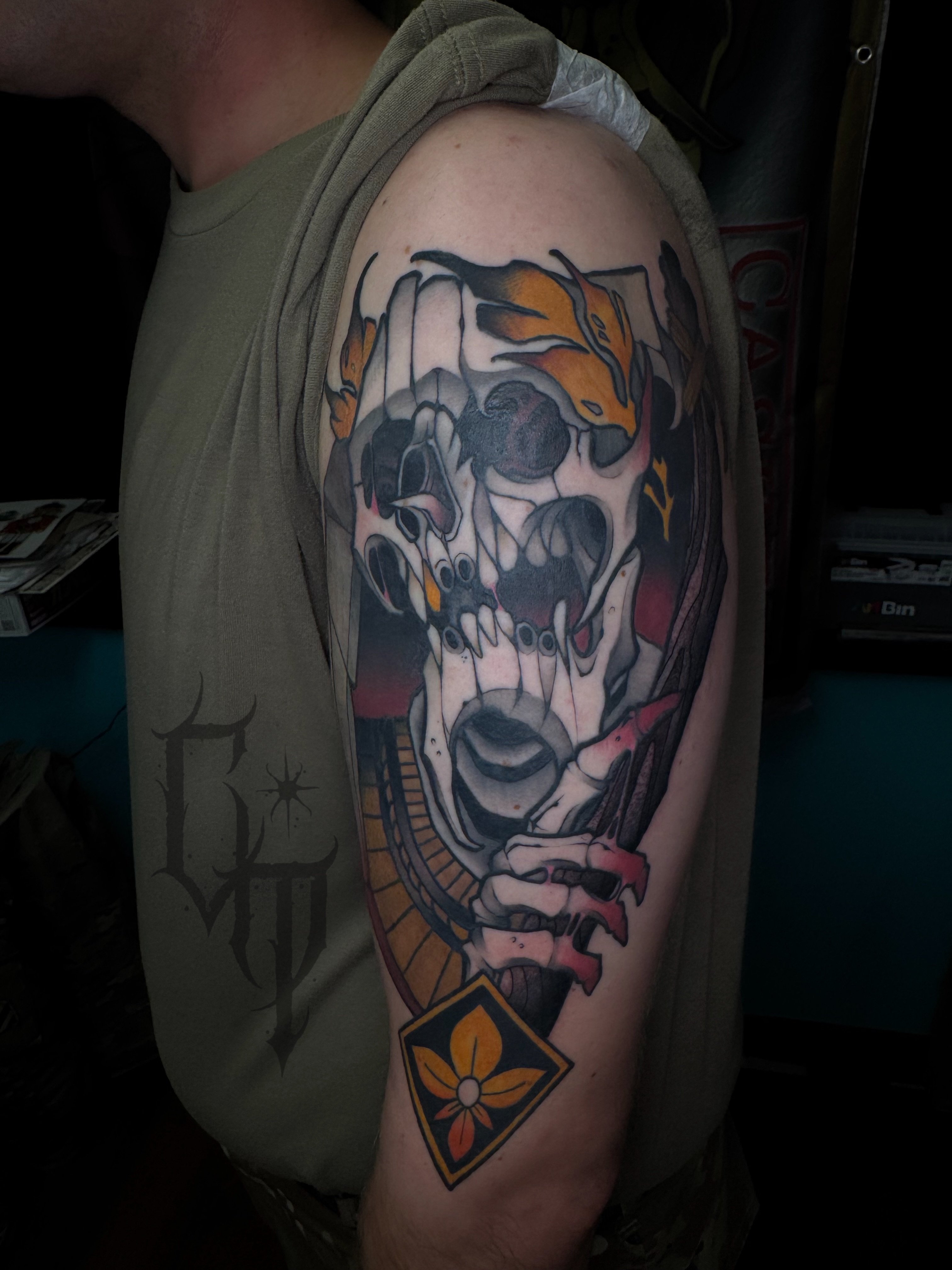 Skull dark realism tattoo on the shoulder by Casket