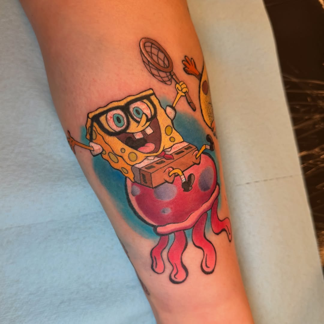 SpongeBob SquarePants new school tattoo on the forearm by Colton🎨