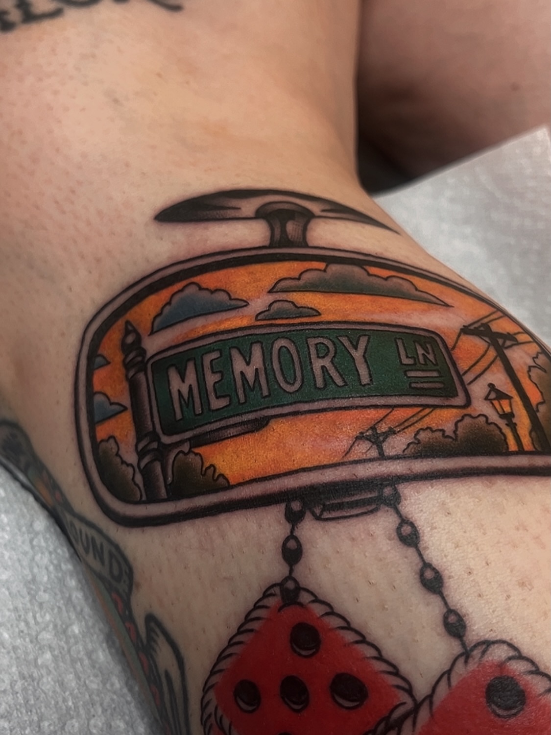 Memory lane sign American traditional tattoo on the forearm by Las Vegas Tattoo Artist