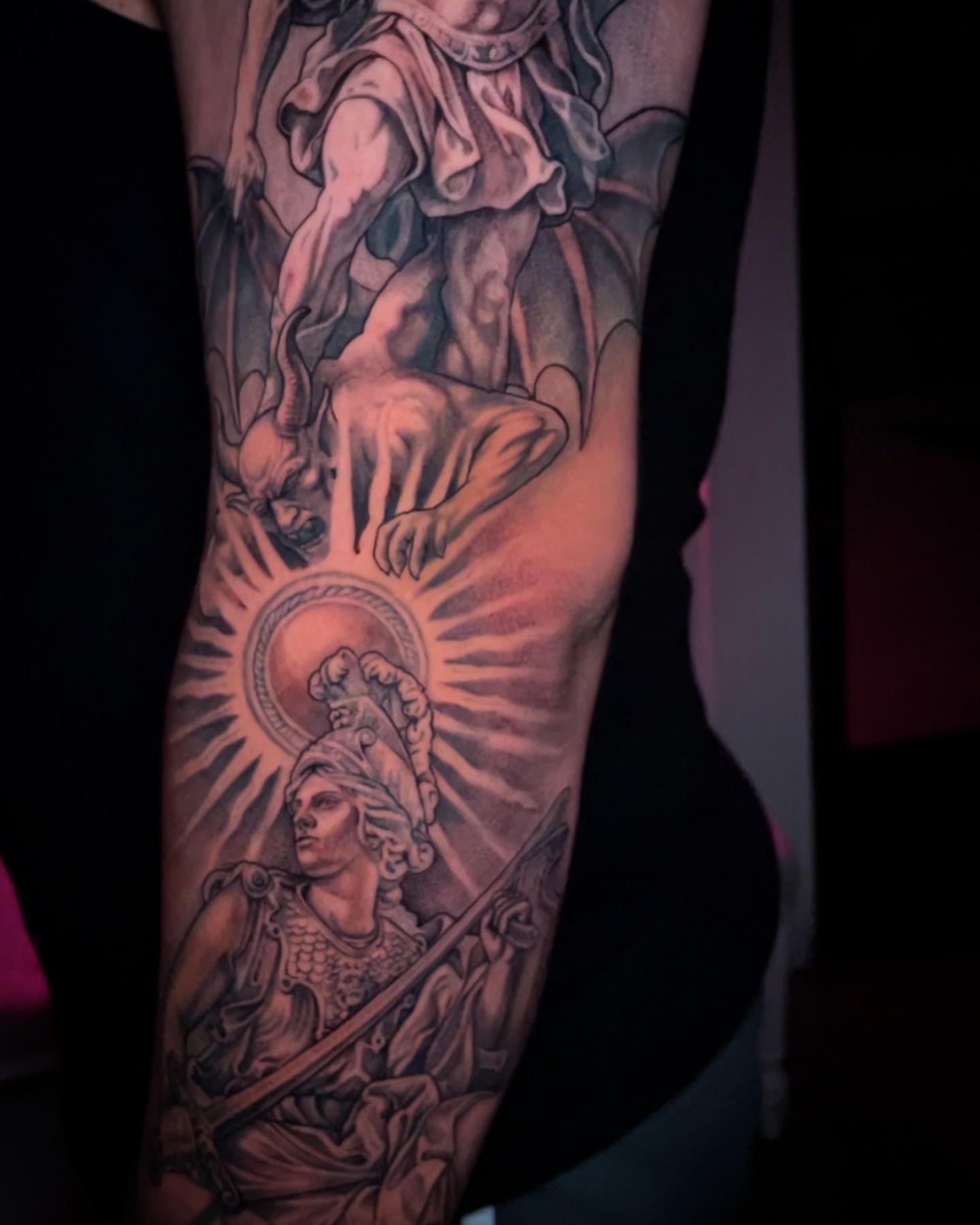 Religious figure realism tattoo on the forearm by Chato