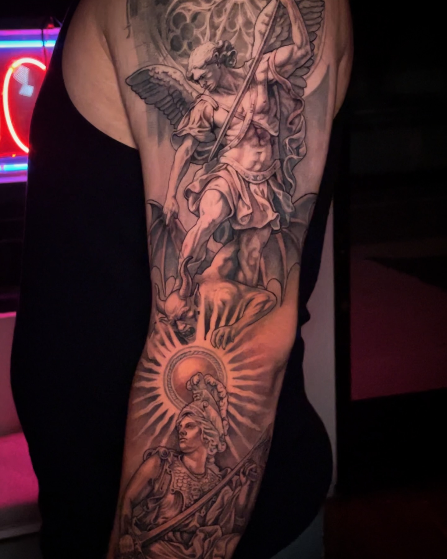 Angel with sword realism tattoo on the forearm by Chato