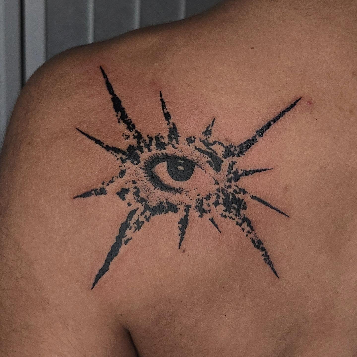Eye dotwork tattoo on the shoulder by ⚙️ 𝔄𝔞𝔯𝔬𝔫 𝔇. ⚙️