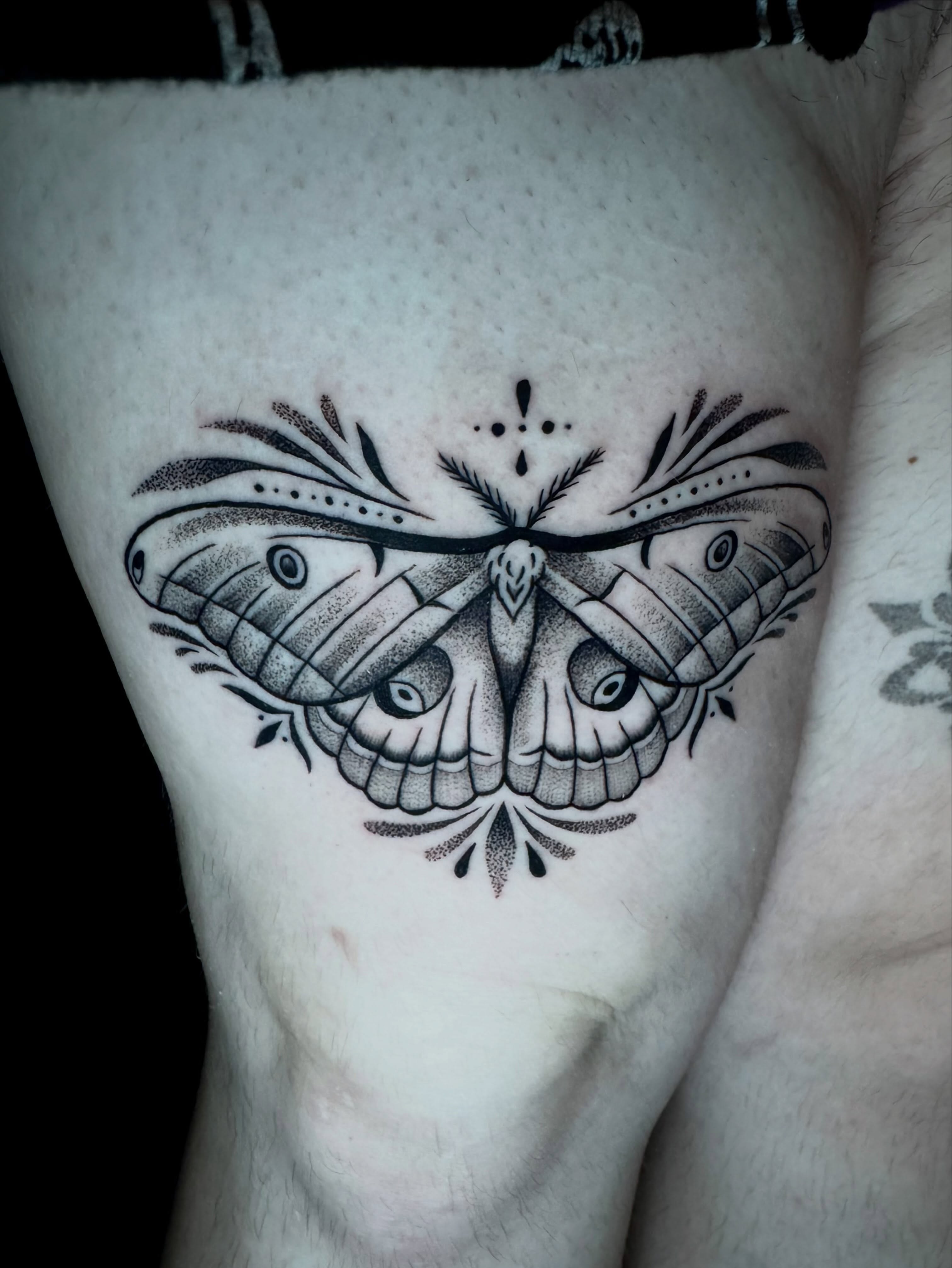 Moth dotwork tattoo on the thigh by Morgan Peeples