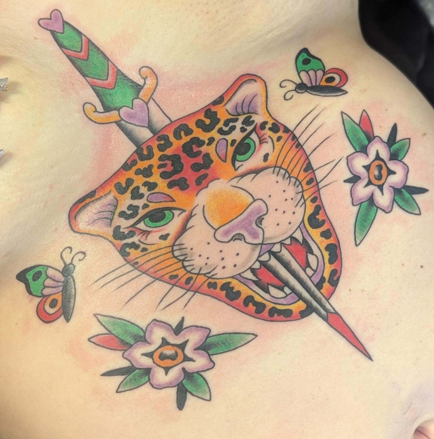 Jaguar American traditional tattoo on the chest by ♡ Cora ♡