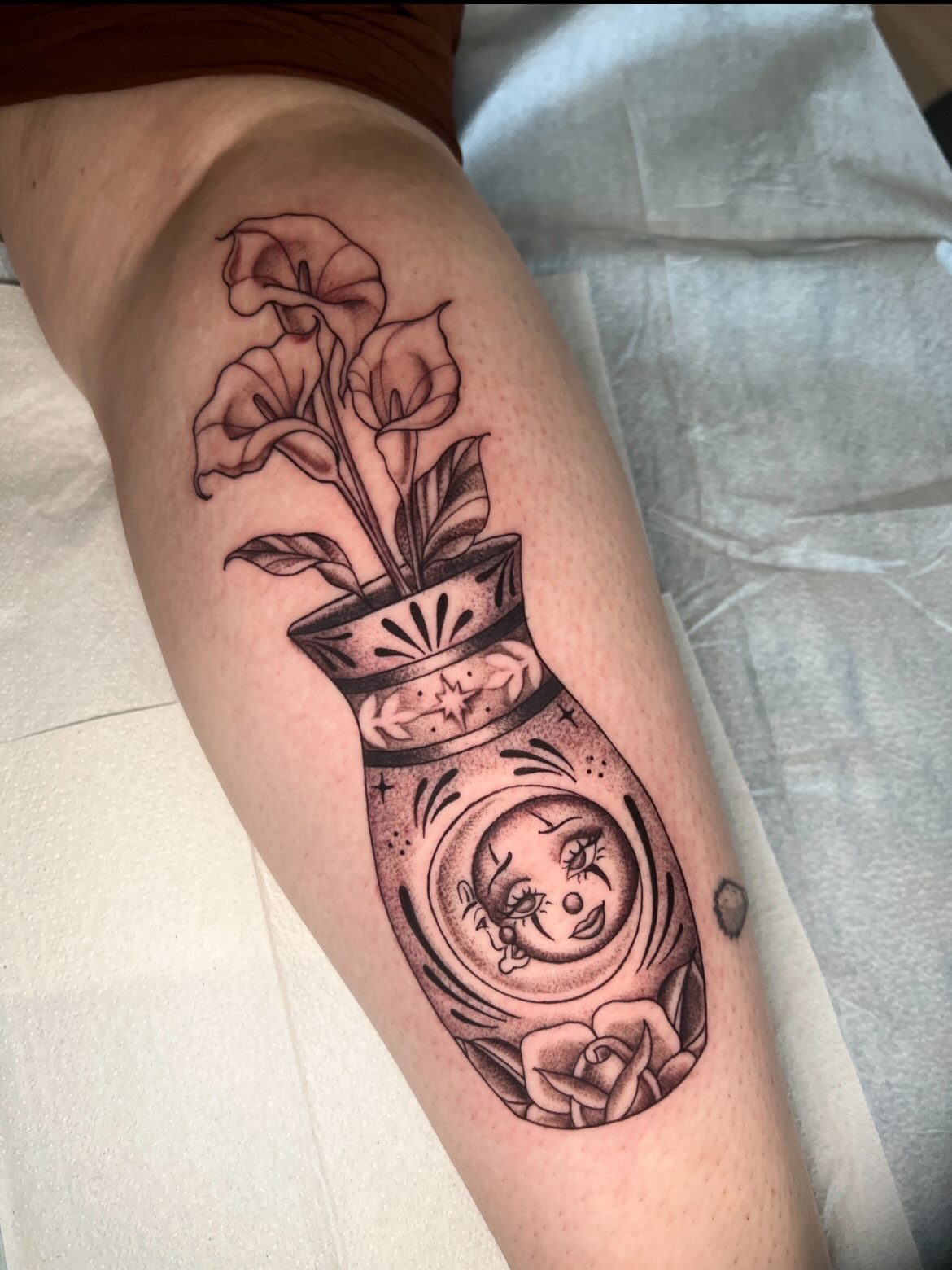 Calla lilies and matrioska doll black and grey tattoo on the forearm by ππππππ ππππππ - ππππ‘ππ₯ ππ¨π₯π’πππ«π’π¨π¬ π΅π
