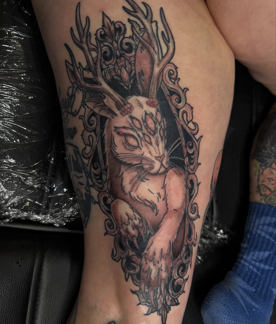 Deer and rabbit realism tattoo on the thigh by Chloe Peters 🦭🦄🏳️‍🌈