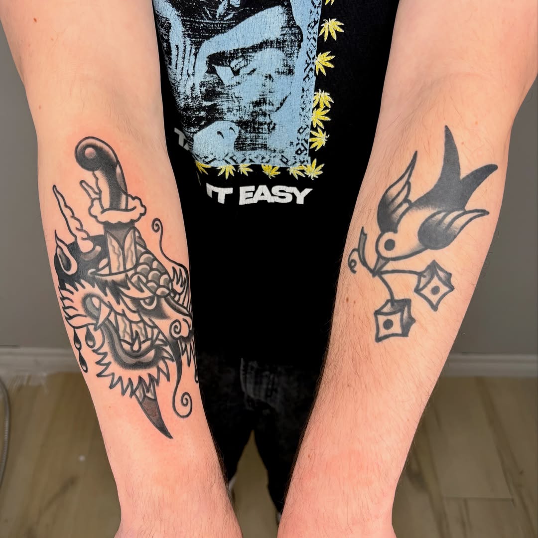 Dragon and dagger American traditional tattoo on the forearm by Braedon 🎱